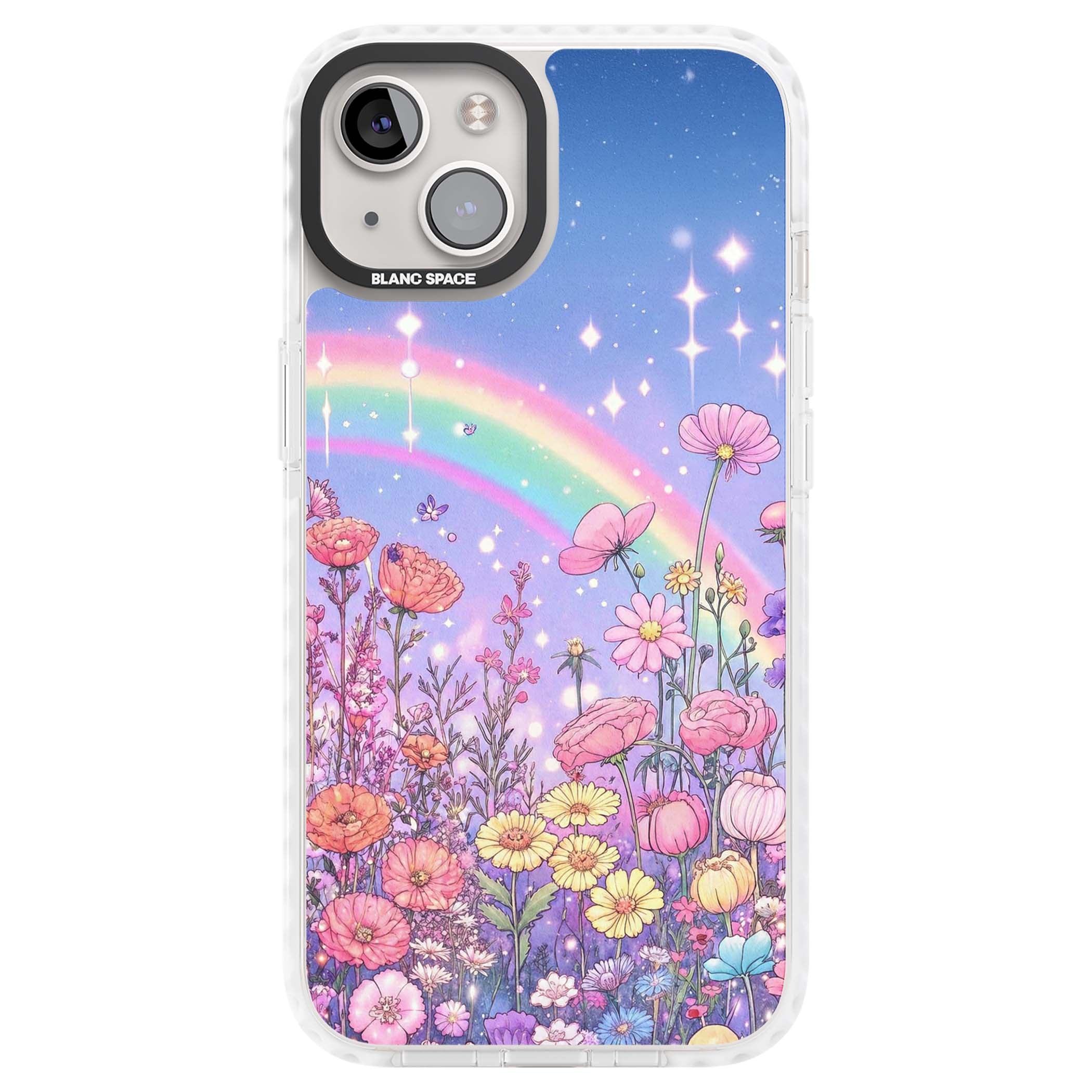 Magical Meadow fairycore iPhone case featuring a pastel rainbow, sparkling stars and a wildflower meadow | Impact Magsafe case for iPhone 13, iPhone 14, iPhone 15