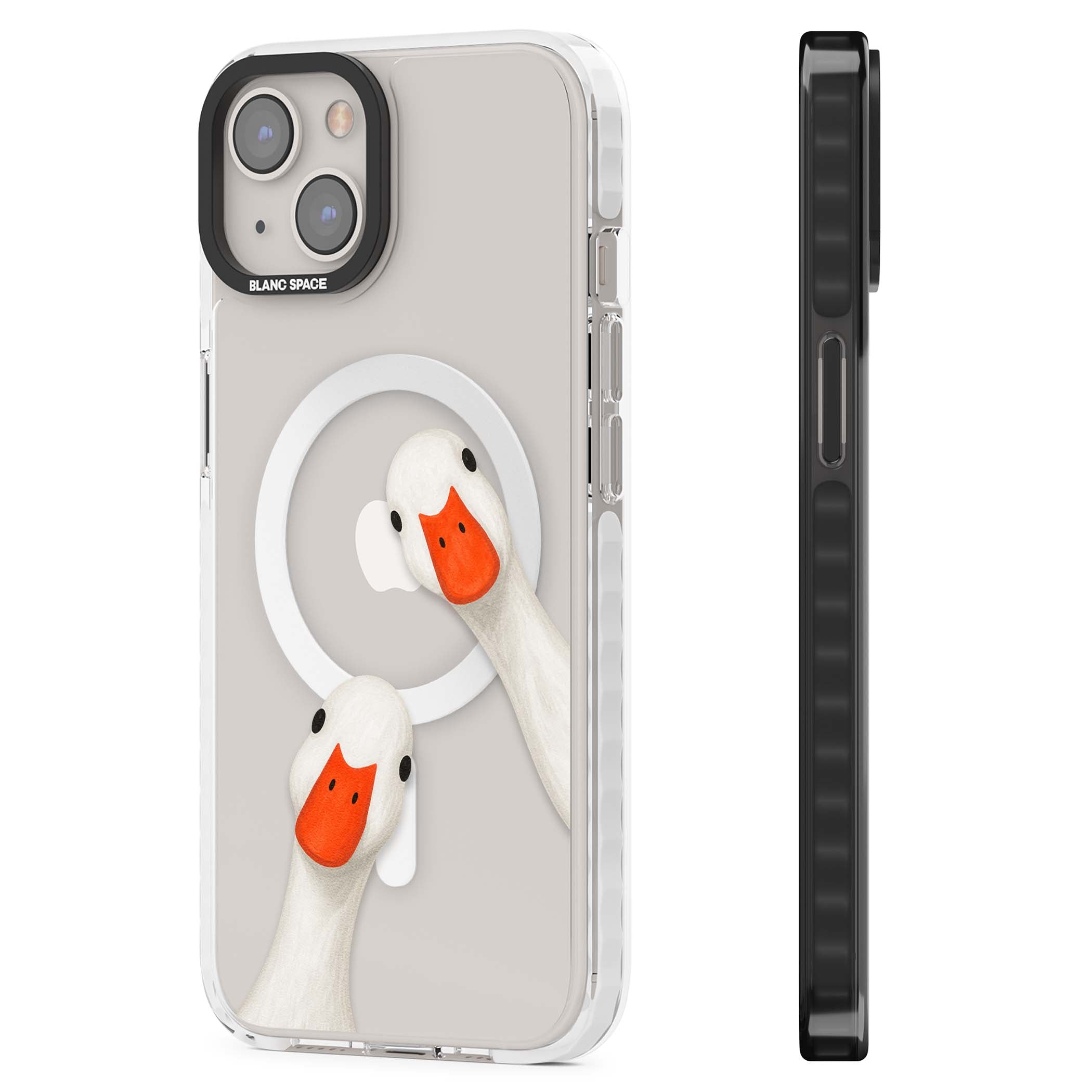 Nosy Ducks cottagecore iPhone case featuring two peeking white ducks with orange beaks on a clear background | Impact Magsafe case for iPhone 13, iPhone 14, iPhone 15