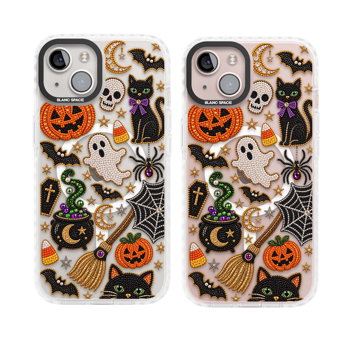 Beaded Halloween Halloween iPhone case featuring beaded pumpkins, ghosts, black cats and bats | Impact Magsafe case for iPhone 13, iPhone 14, iPhone 15