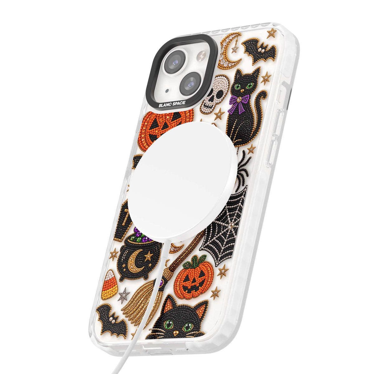 Beaded Halloween Halloween iPhone case featuring beaded pumpkins, ghosts, black cats and bats | Impact Magsafe case for iPhone 13, iPhone 14, iPhone 15