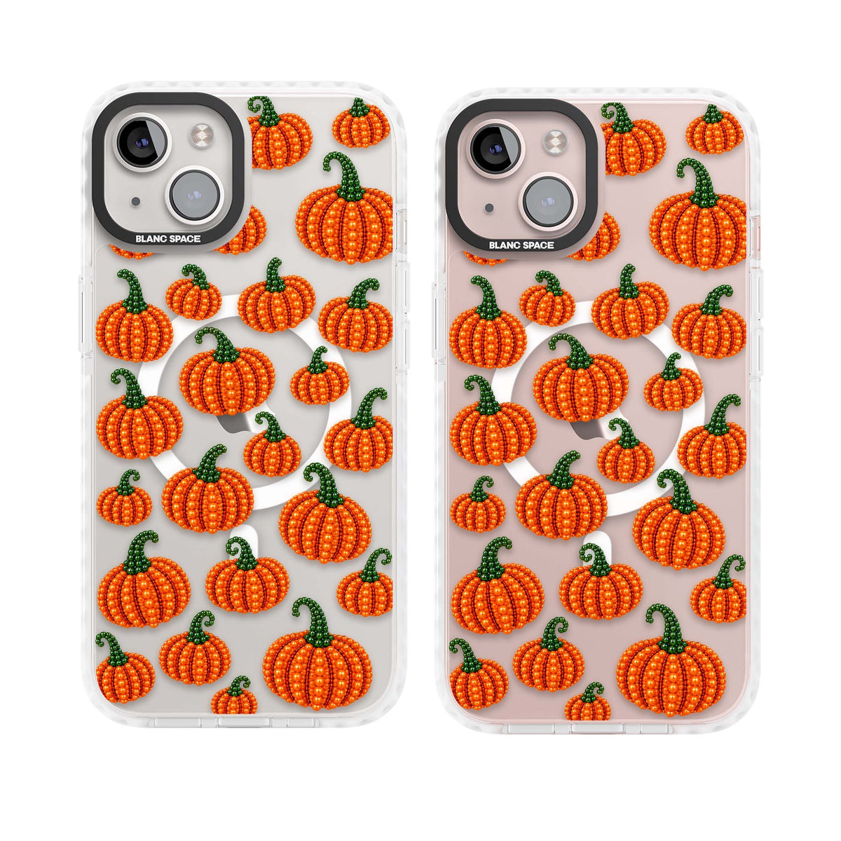 Beaded Pumpkins halloween iPhone case featuring beaded orange pumpkins with green stems on a clear background | Impact Magsafe case for iPhone 13, iPhone 14, iPhone 15