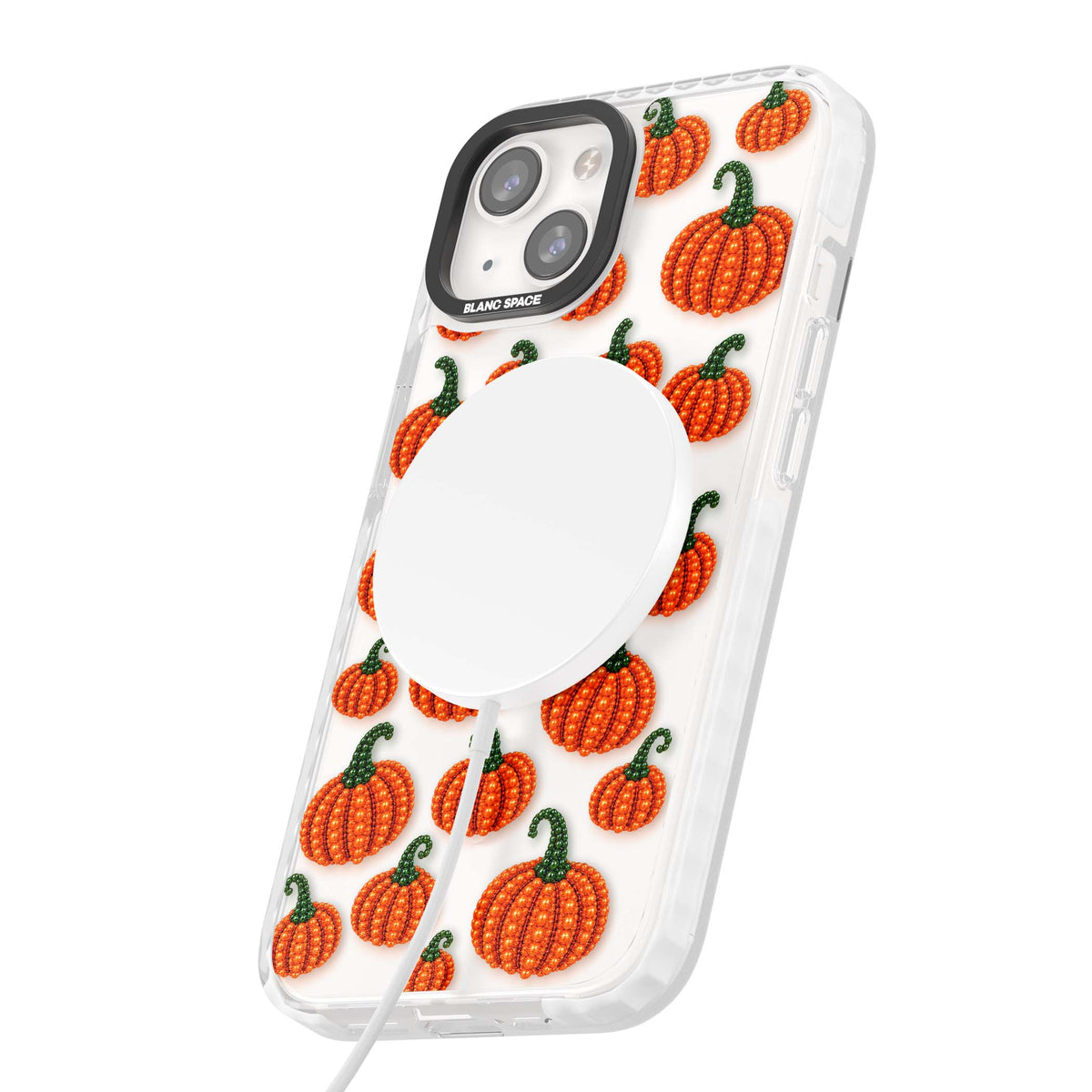 Beaded Pumpkins halloween iPhone case featuring beaded orange pumpkins with green stems on a clear background | Impact Magsafe case for iPhone 13, iPhone 14, iPhone 15