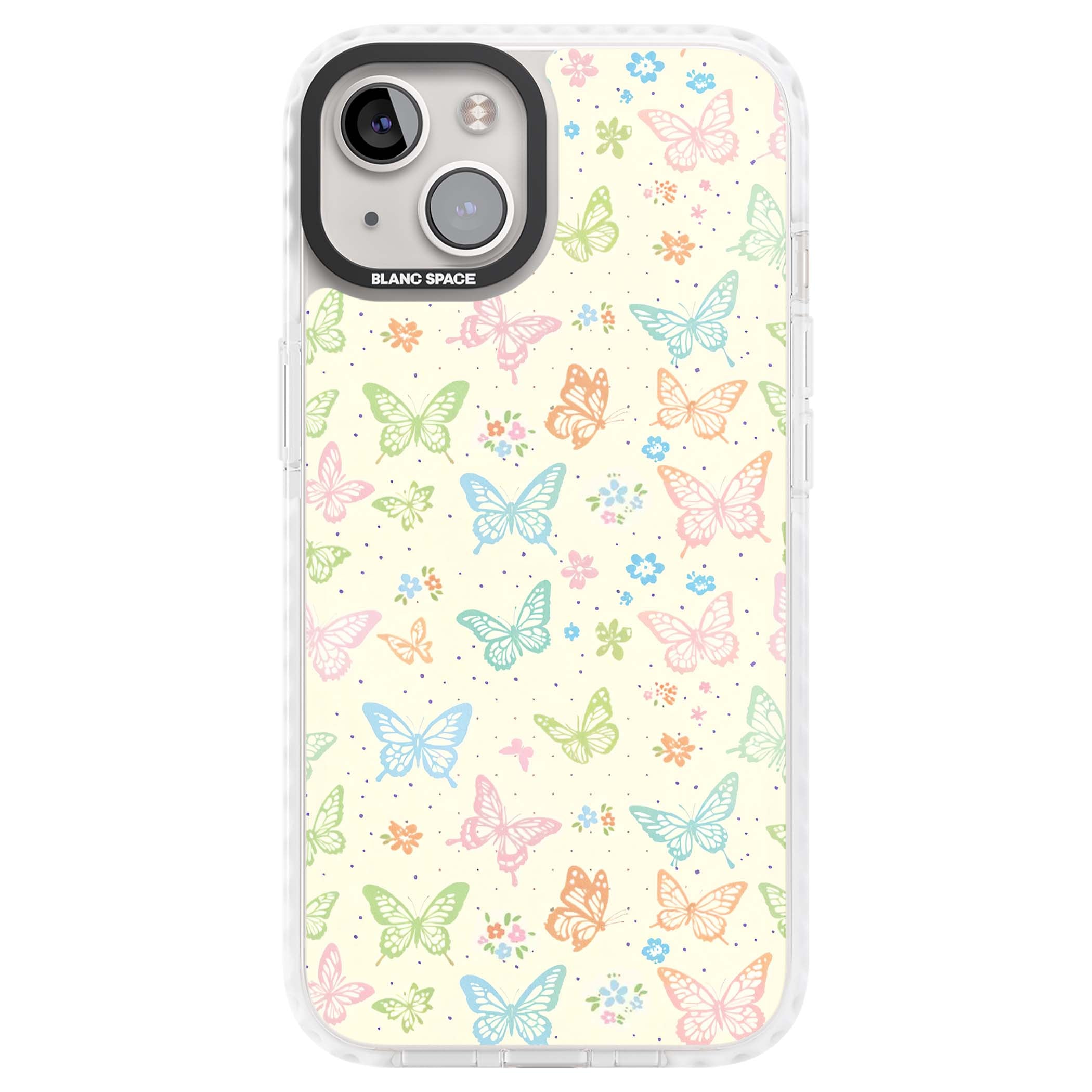 Sugar Wings cottagecore iPhone case featuring rainbow pastel butterflies, tiny wildflowers, and a cream background | Impact Magsafe case for iPhone 13, iPhone 14, iPhone 15