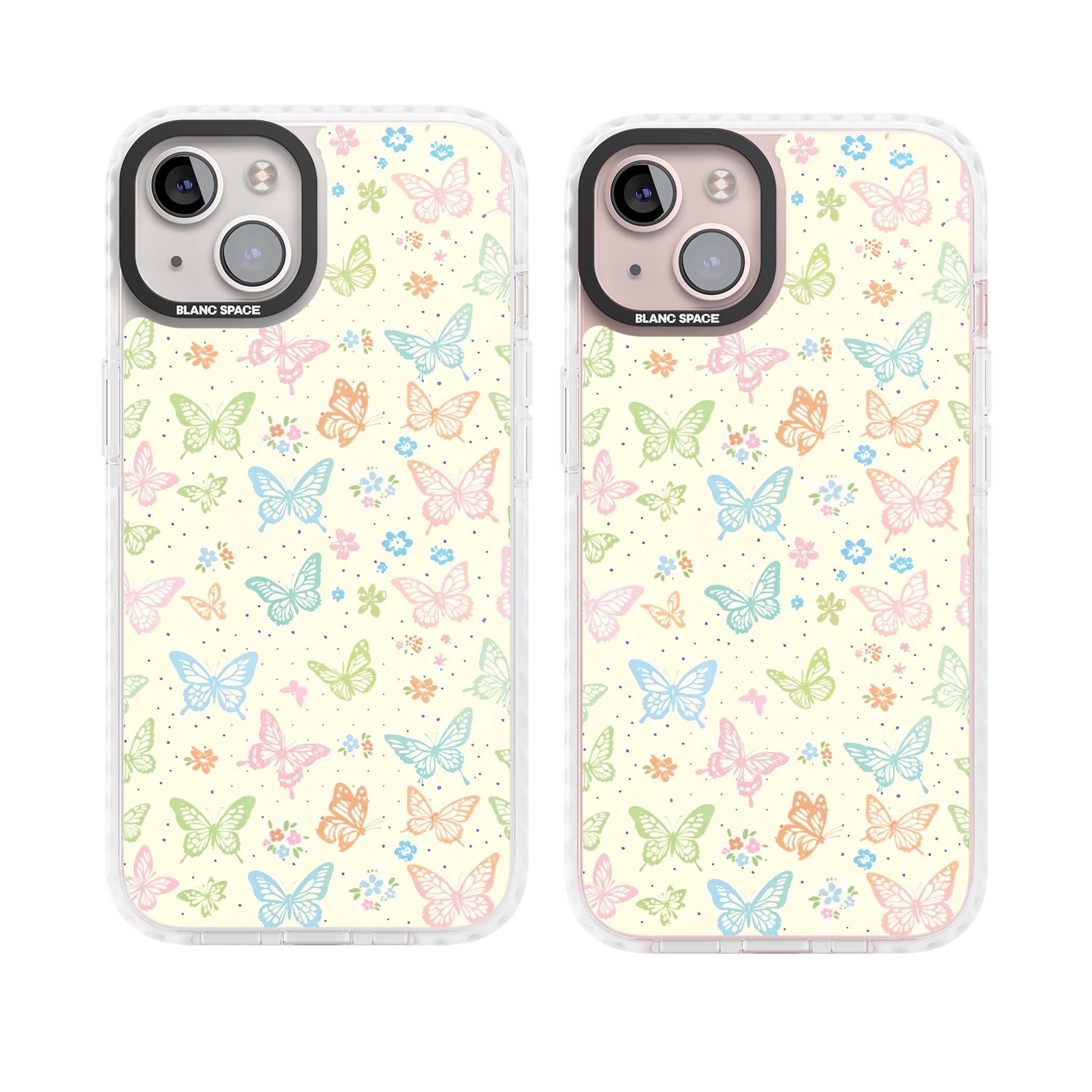 Sugar Wings cottagecore iPhone case featuring rainbow pastel butterflies, tiny wildflowers, and a cream background | Impact Magsafe case for iPhone 13, iPhone 14, iPhone 15
