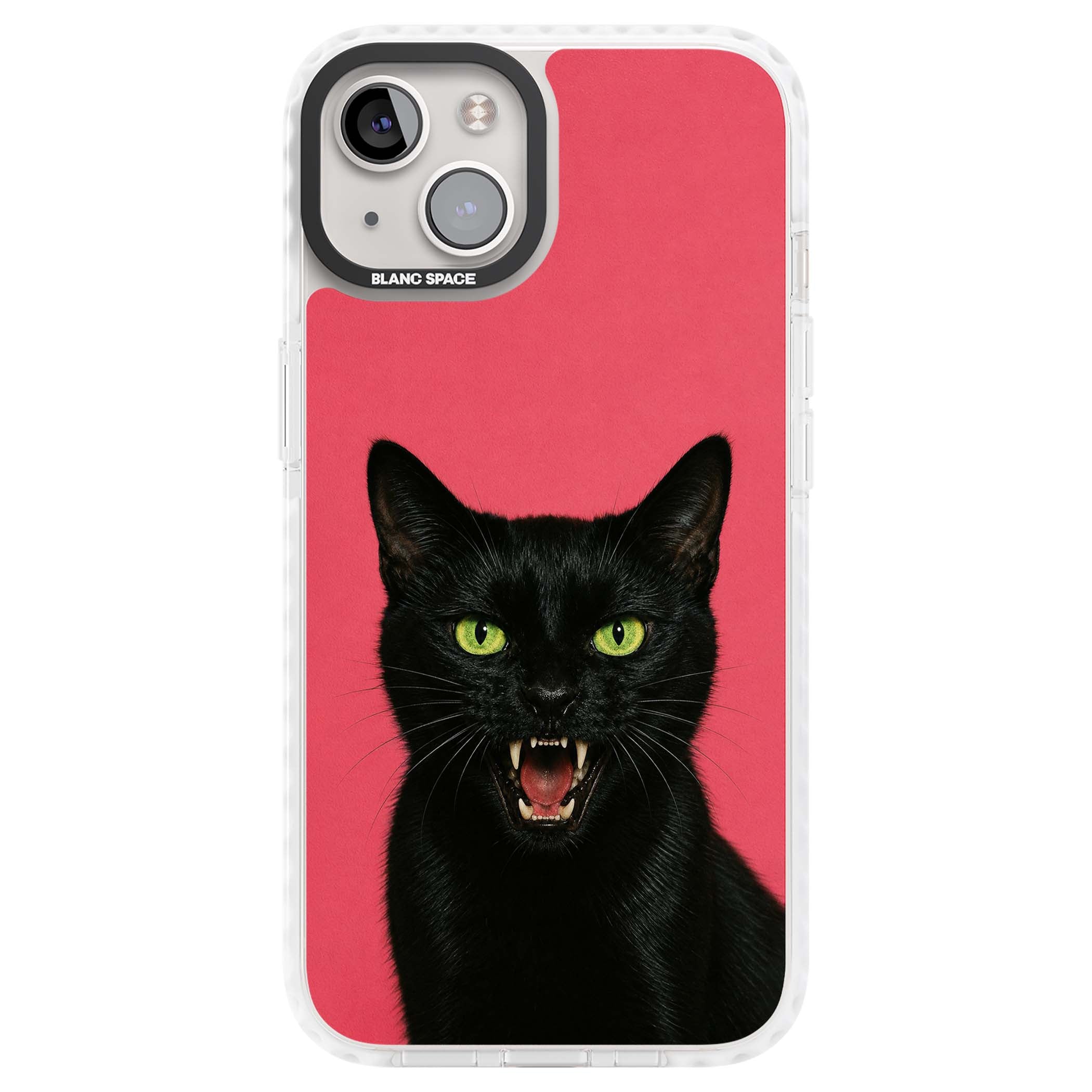 Hissin' Baddie black cat iPhone case featuring a hissing feline with green eyes on a hot pink background | Impact Magsafe case for iPhone 13, iPhone 14, iPhone 15