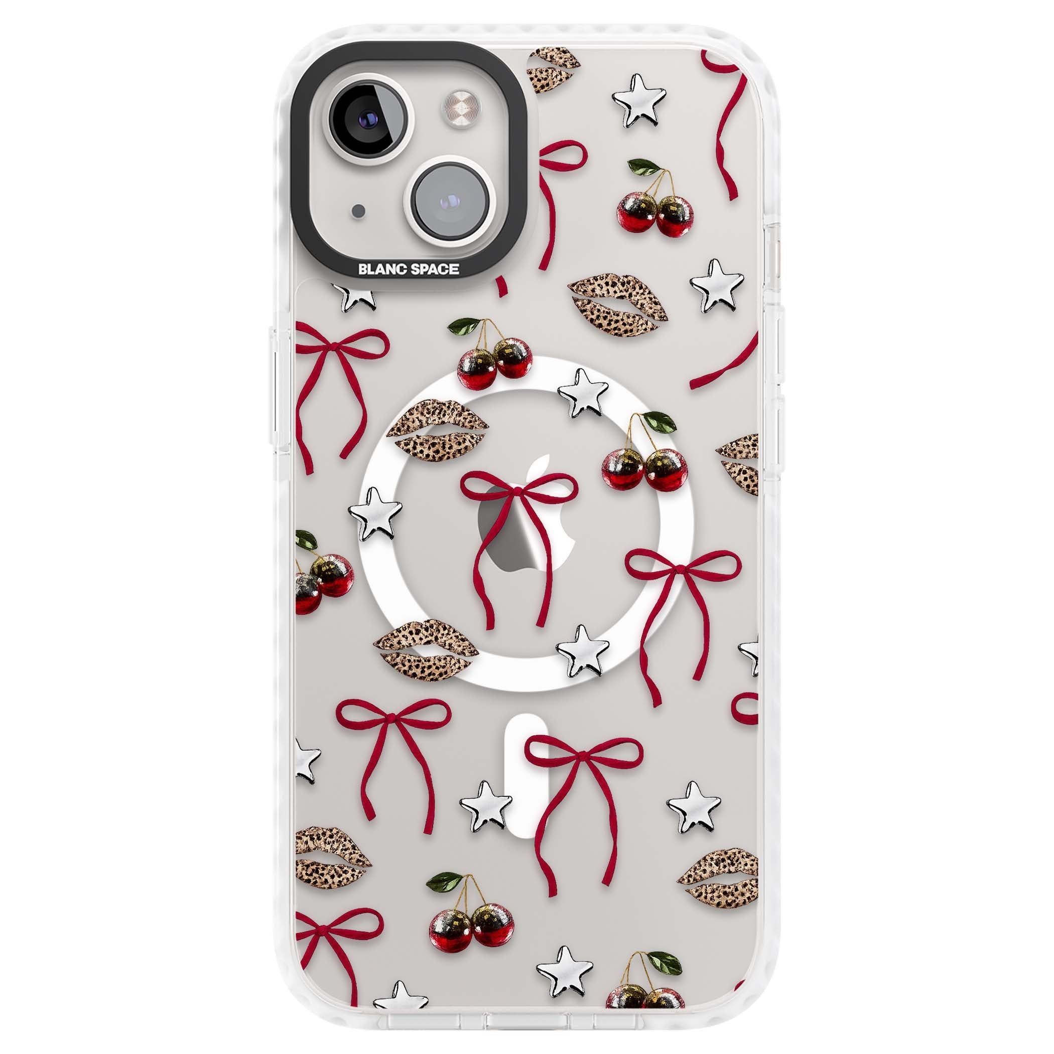 Starlet coquette iPhone case featuring red ribbon bows, disco cherries and leopard-print lips | Impact Magsafe case for iPhone 13, iPhone 14, iPhone 15