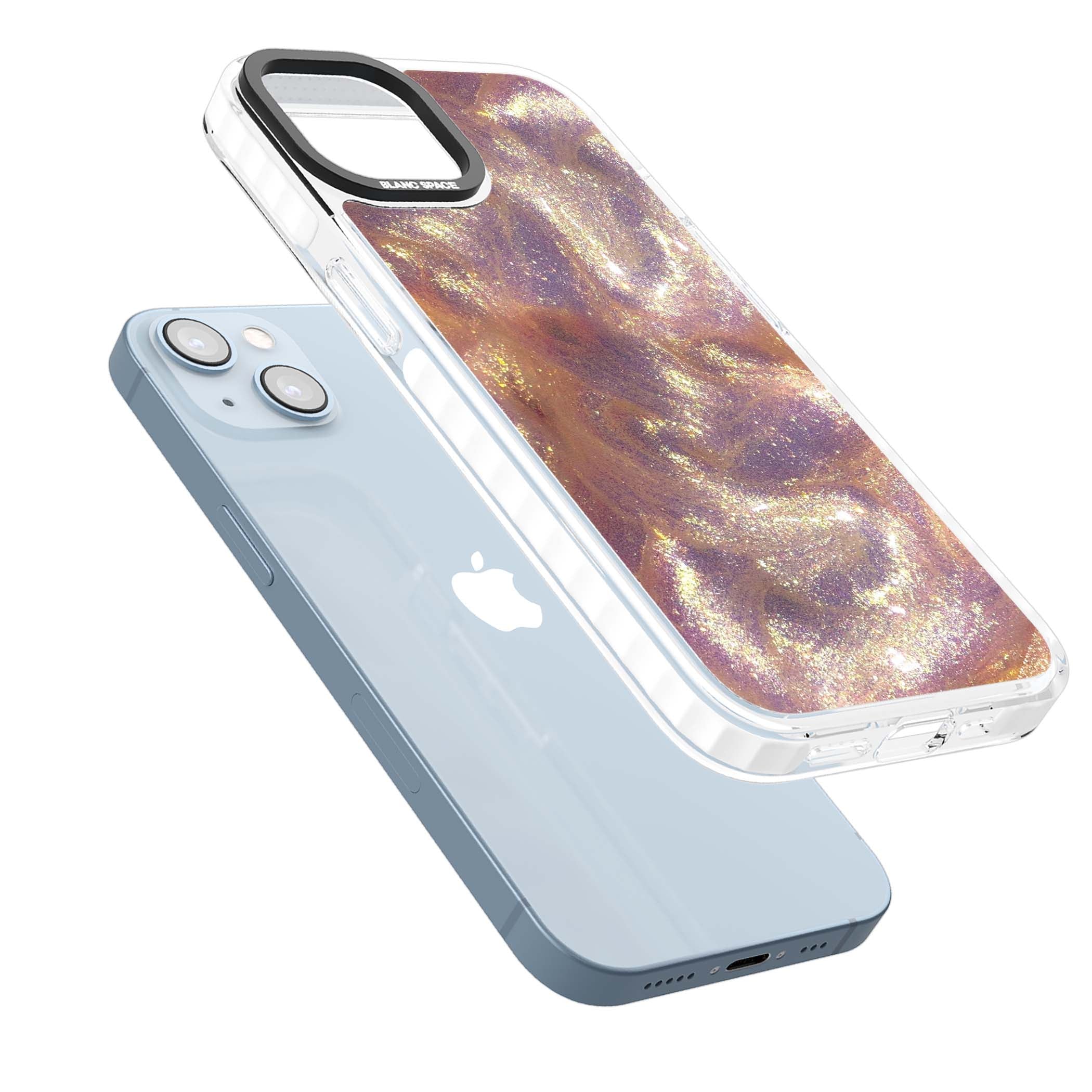 Shimmer marble iPhone case featuring rose gold glitter swirls, lilac shimmer and iridescent pearl finish | Impact Magsafe case for iPhone 13, iPhone 14, iPhone 15