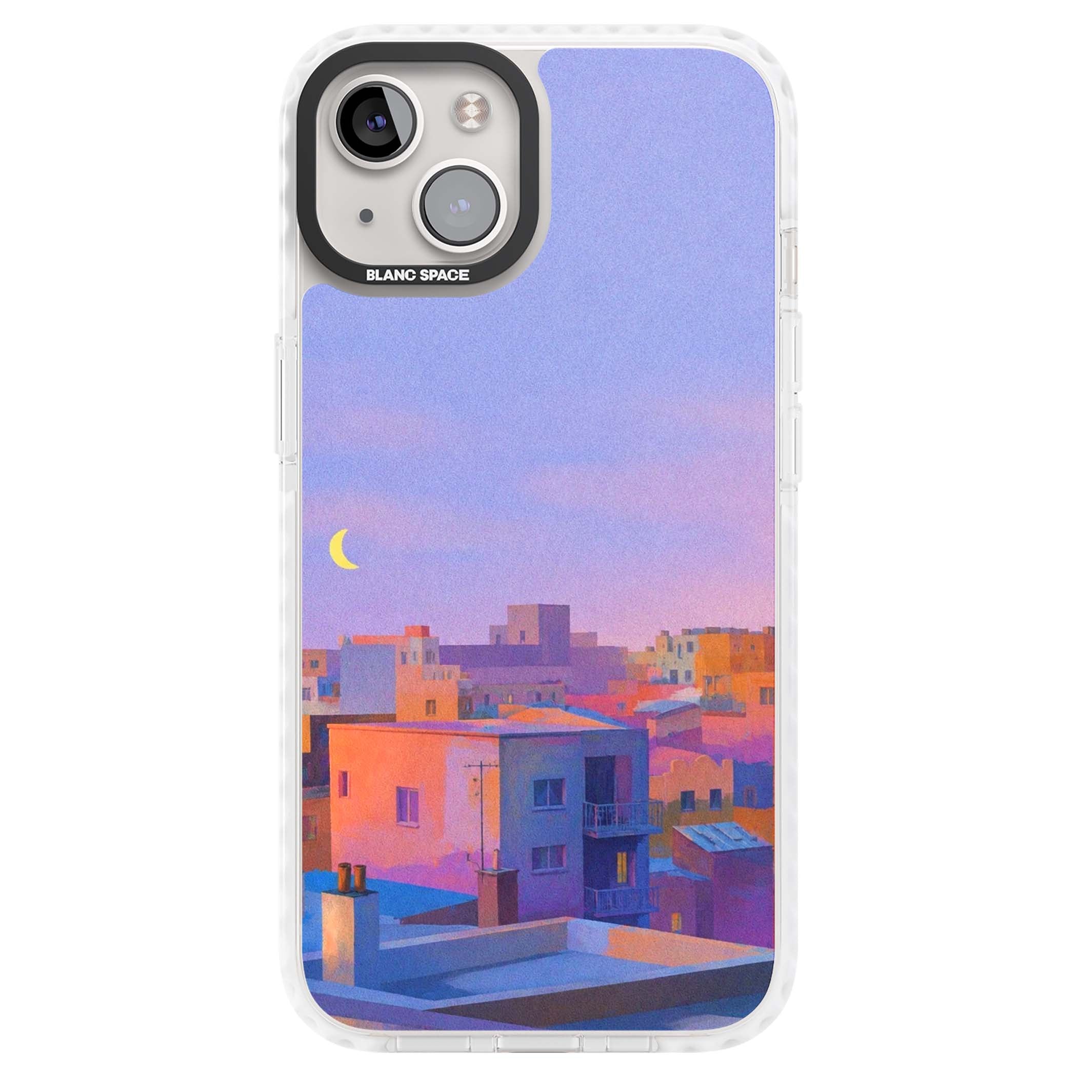Twilight Rooftops vaporwave iPhone case featuring a pastel sunset cityscape, painted rooftops and a crescent moon. | Impact Magsafe case for iPhone 13, iPhone 14, iPhone 15