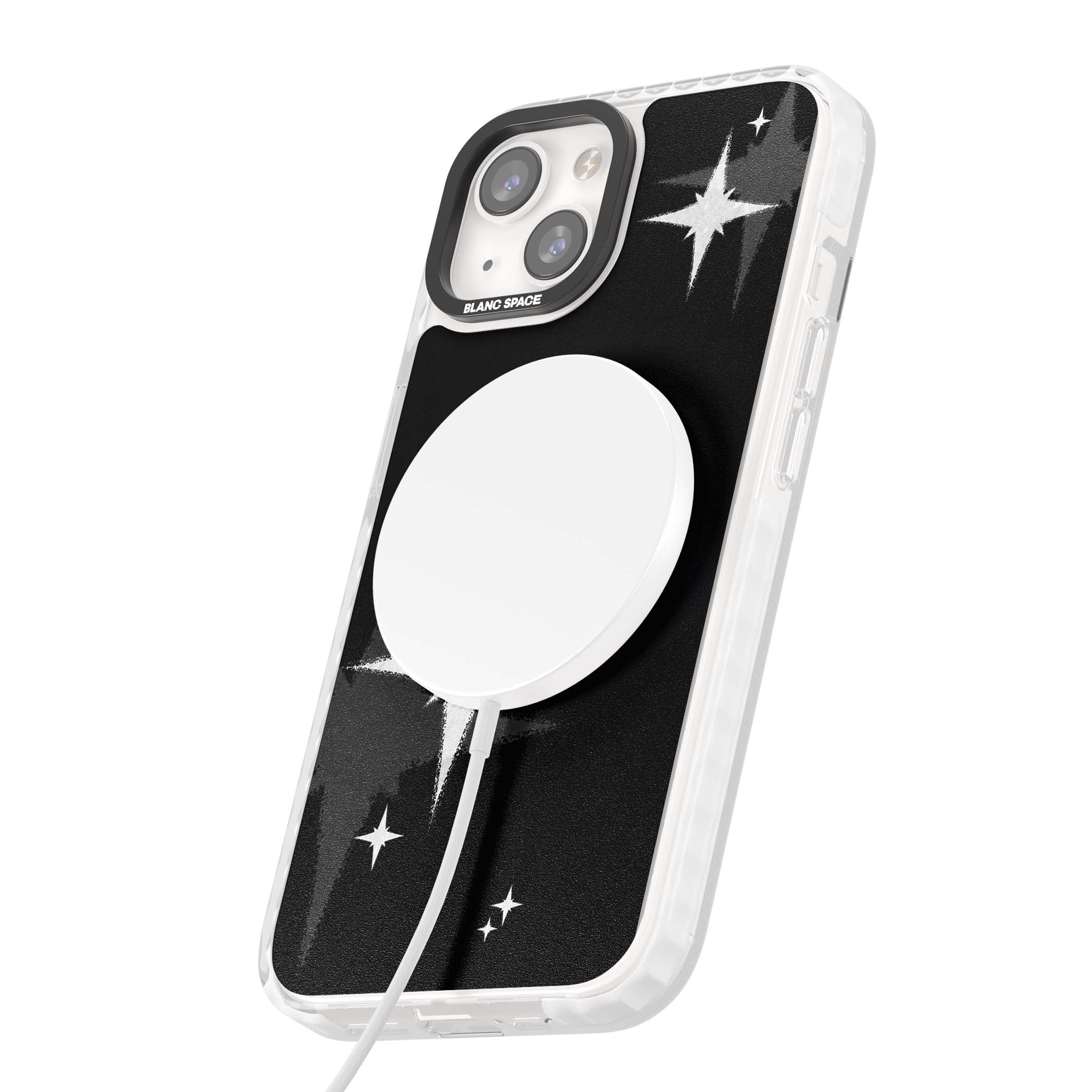 Black Sparkle celestial iPhone case featuring white sparkle stars on a black night sky background | Impact Magsafe case for iPhone 13, iPhone 14, iPhone 15