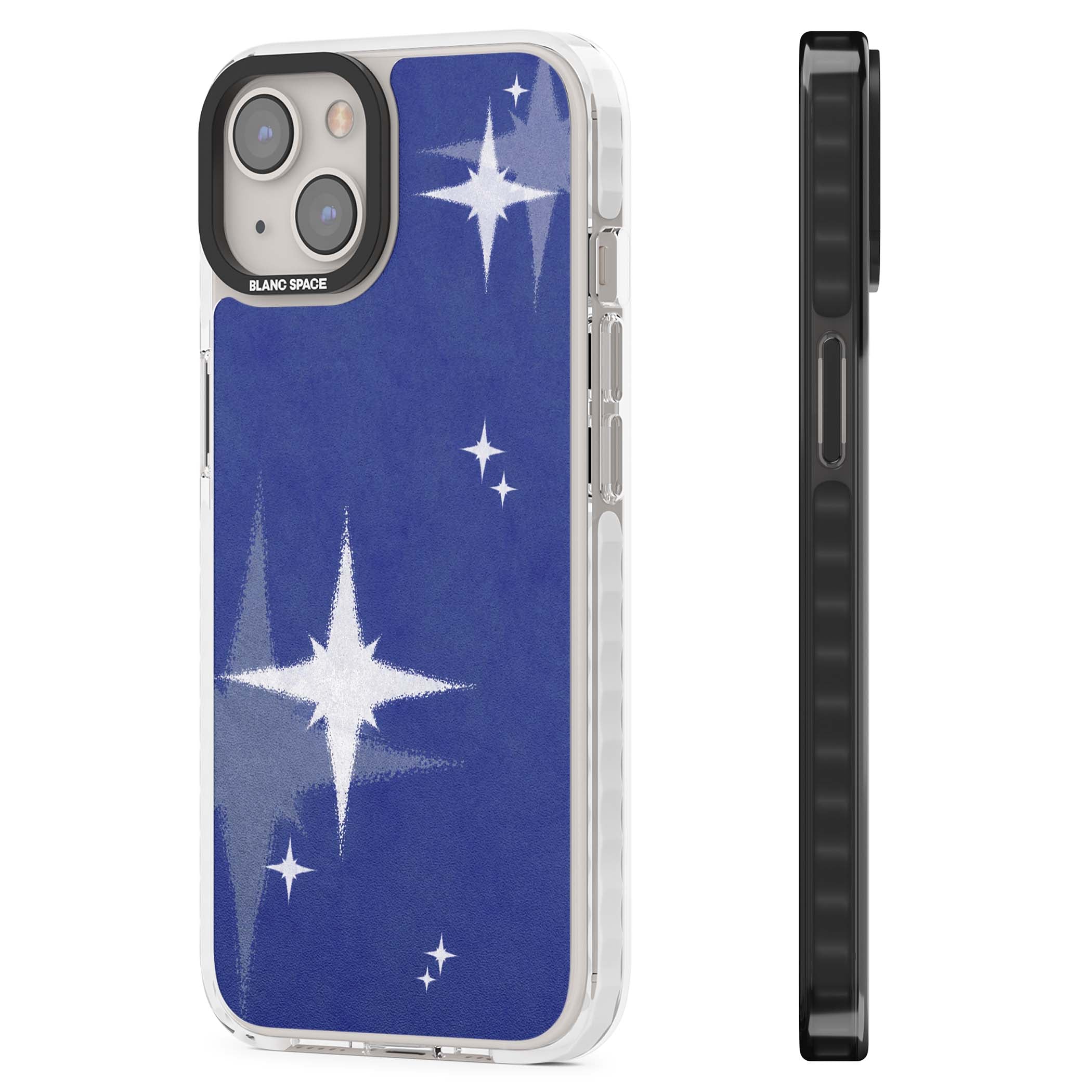 Blue Sparkle celestial iPhone case featuring sparkling silver stars on a deep blue painterly night sky | Impact Magsafe case for iPhone 13, iPhone 14, iPhone 15