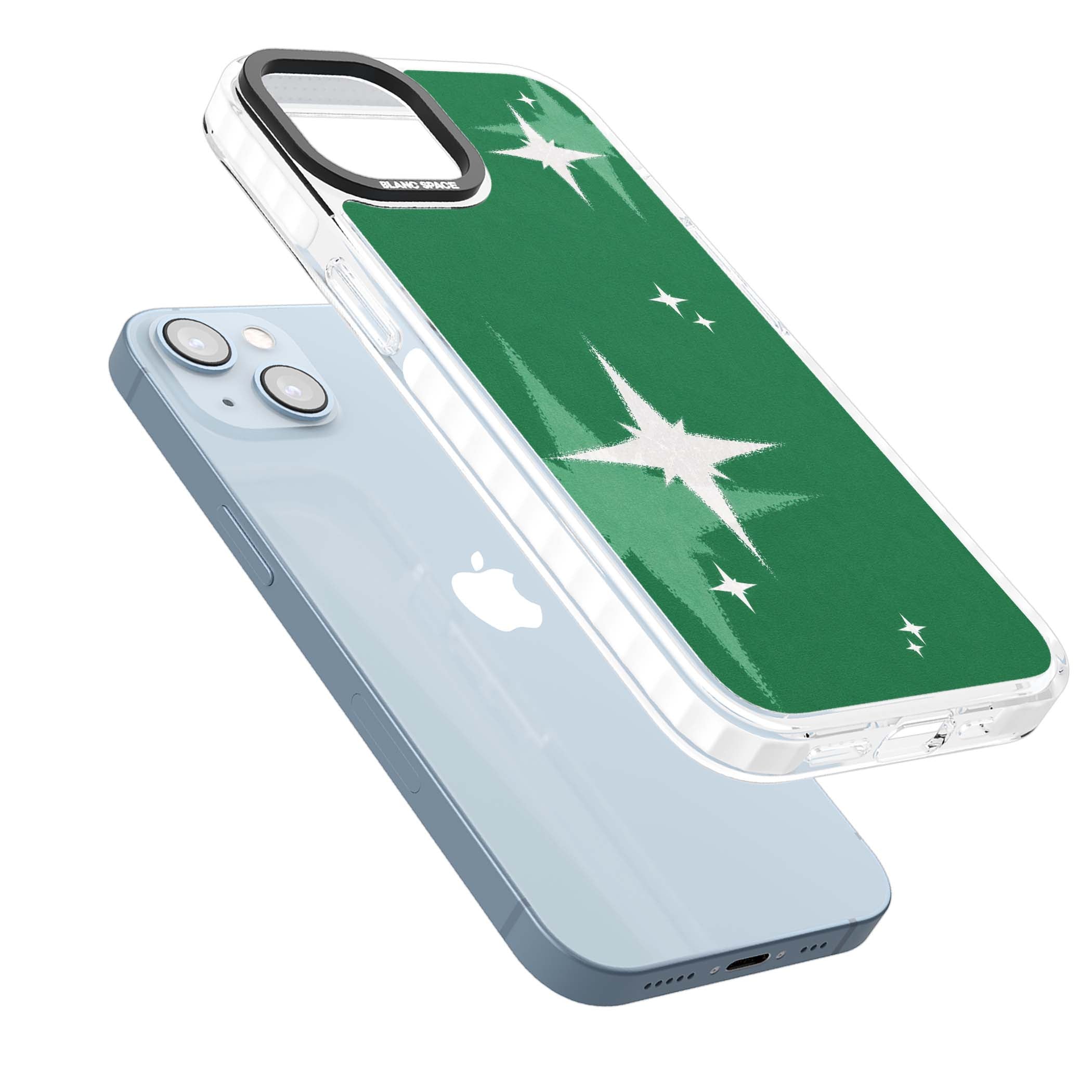 Green Sparkle celestial iPhone case featuring sparkling white four-point stars on a deep green background | Impact Magsafe case for iPhone 13, iPhone 14, iPhone 15