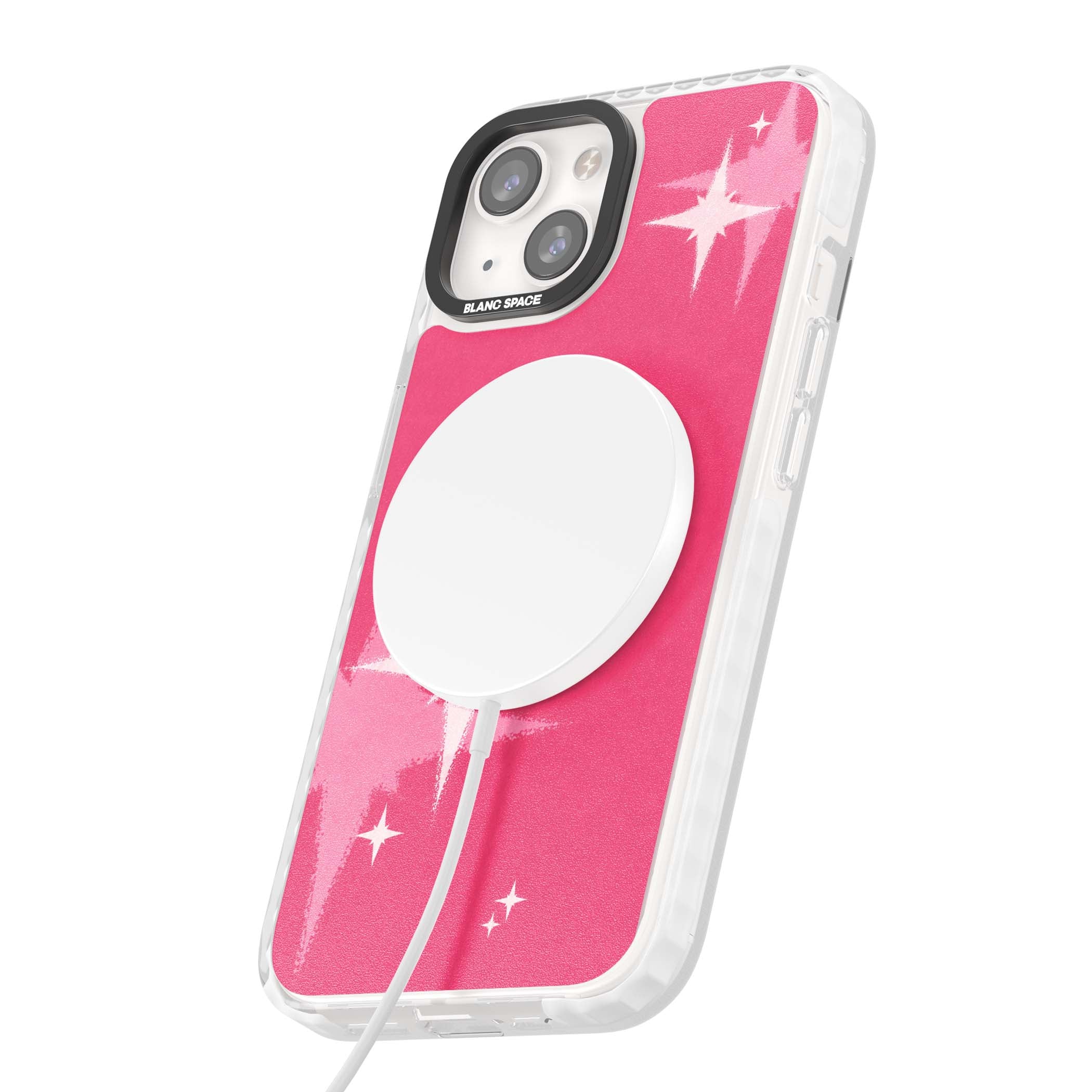 Pink Sparkle Y2K iPhone case featuring hot pink background with shimmering white starburst pattern | Impact Magsafe case for iPhone 13, iPhone 14, iPhone 15
