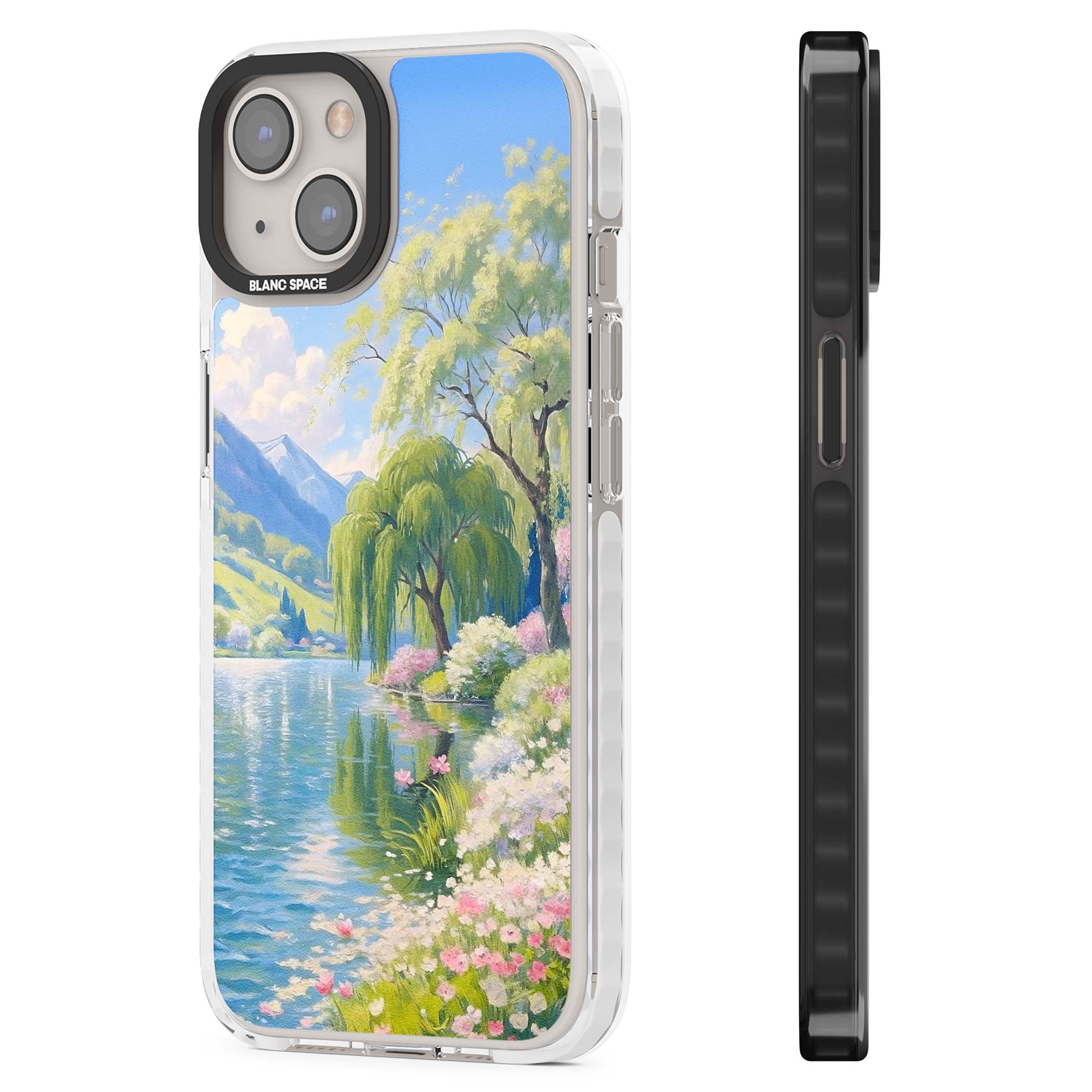 Willow Lake cottagecore iPhone case featuring a painted lakeside with weeping willow, blossoms and distant mountains | Impact Magsafe case for iPhone 13, iPhone 14, iPhone 15