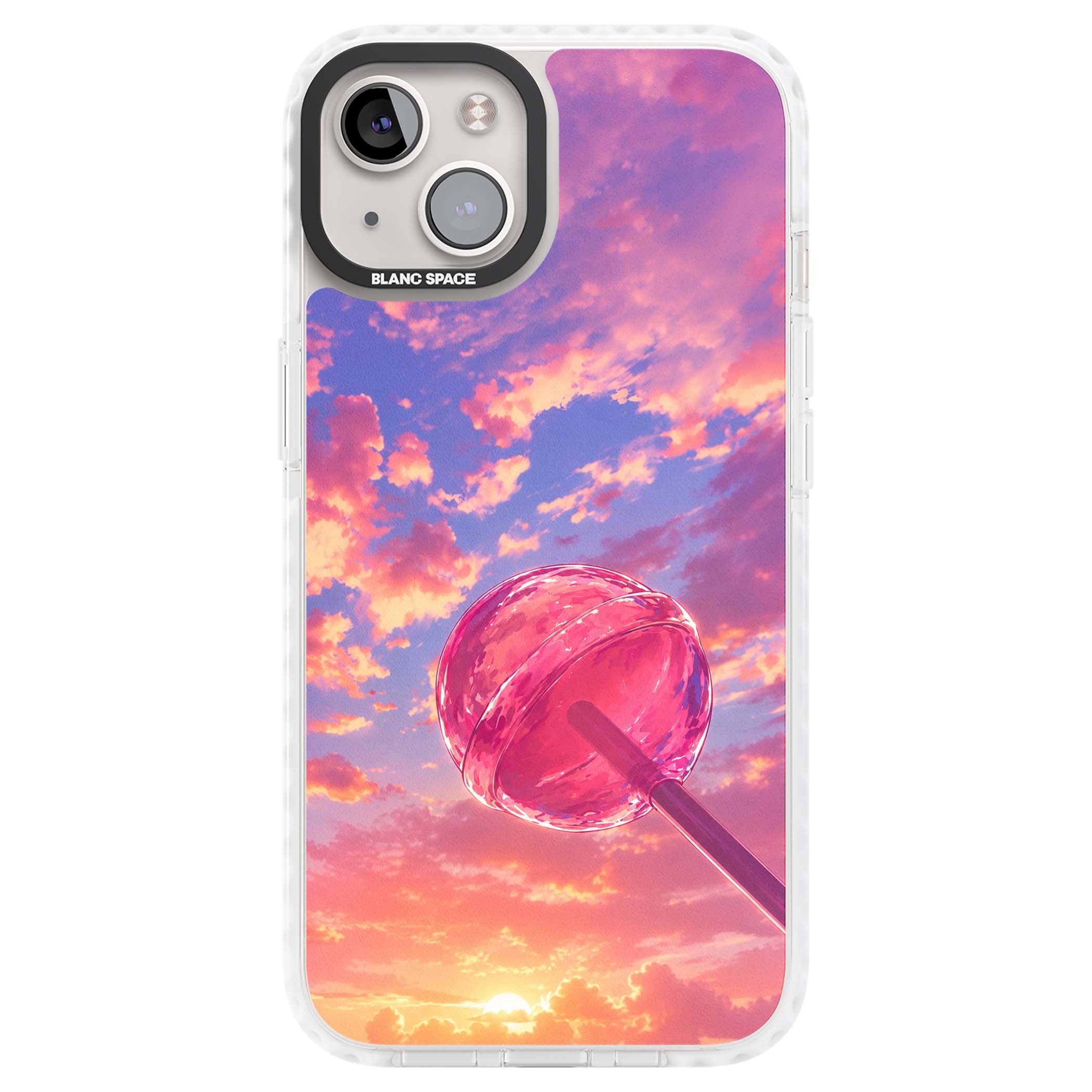 Sugar Sunset candy aesthetic iPhone case featuring a pink lollipop, pastel sunset sky and dreamy clouds | Impact Magsafe case for iPhone 13, iPhone 14, iPhone 15