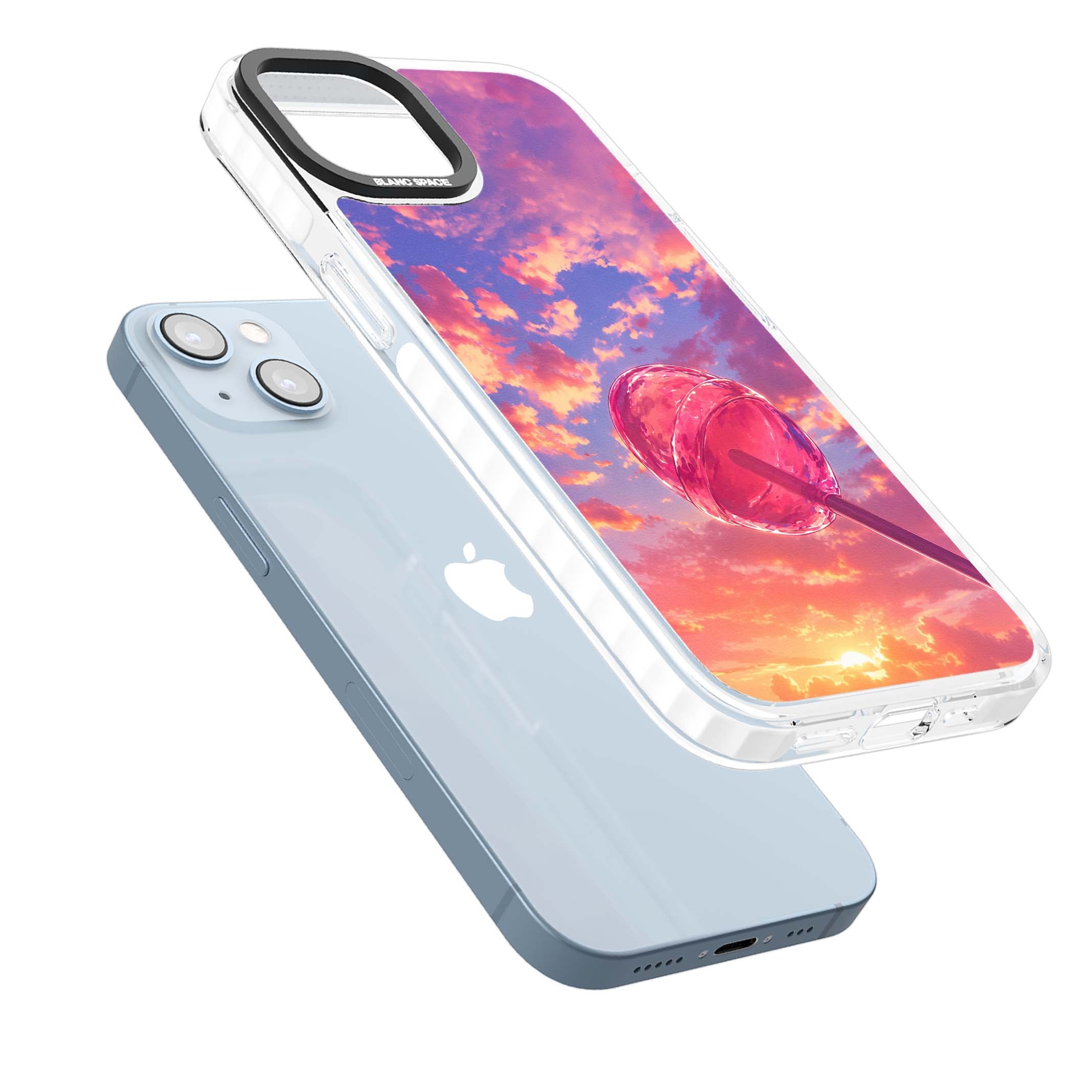 Sugar Sunset candy aesthetic iPhone case featuring a pink lollipop, pastel sunset sky and dreamy clouds | Impact Magsafe case for iPhone 13, iPhone 14, iPhone 15