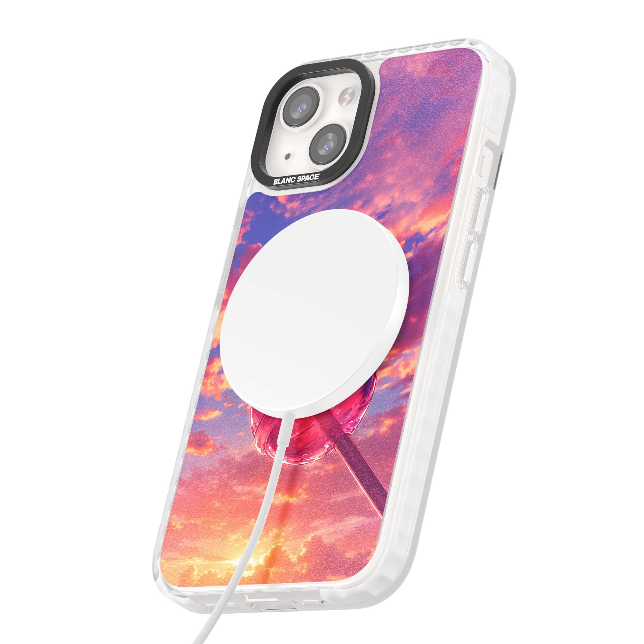 Sugar Sunset candy aesthetic iPhone case featuring a pink lollipop, pastel sunset sky and dreamy clouds | Impact Magsafe case for iPhone 13, iPhone 14, iPhone 15