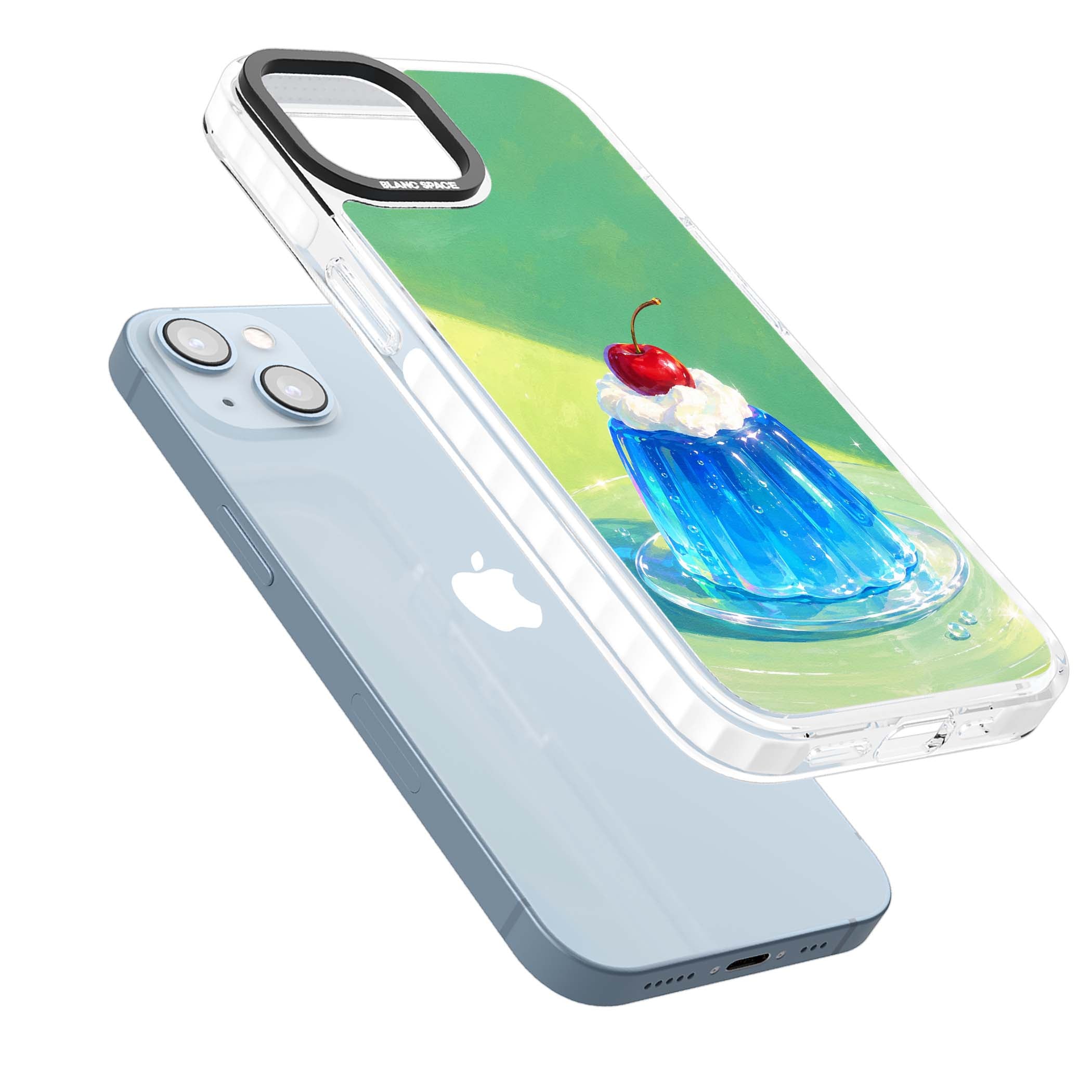 Cherry Jelly kawaii dessert iPhone case featuring blue jelly pudding, whipped cream and a red cherry | Impact Magsafe case for iPhone 13, iPhone 14, iPhone 15