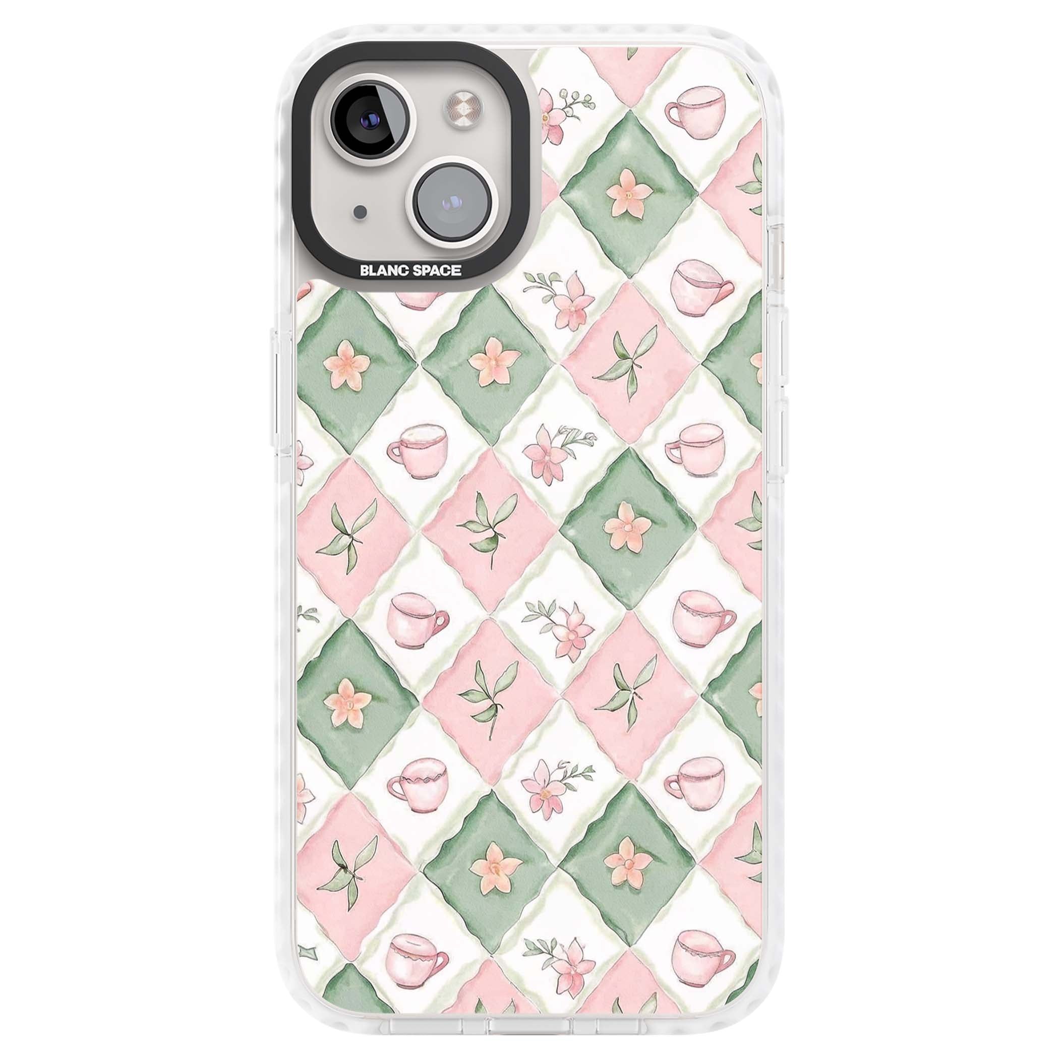 Garden Tea Party coquette iPhone case with pink and green checkered pattern, watercolour teacups and wildflowers | Impact Magsafe case for iPhone 13, iPhone 14, iPhone 15