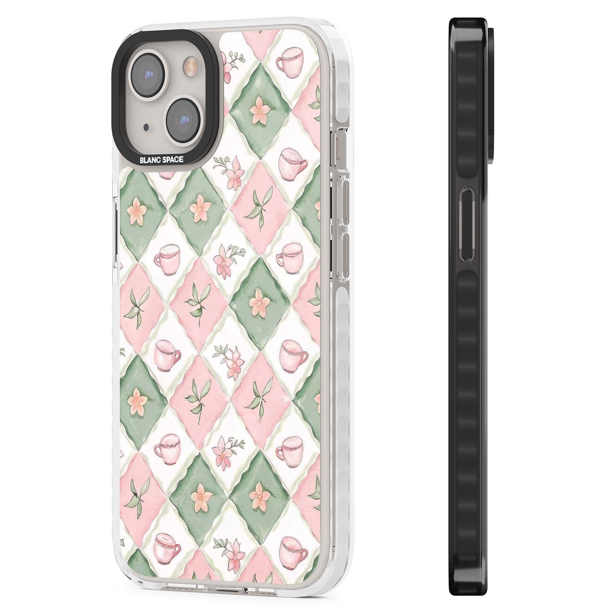 Garden Tea Party coquette iPhone case with pink and green checkered pattern, watercolour teacups and wildflowers | Impact Magsafe case for iPhone 13, iPhone 14, iPhone 15