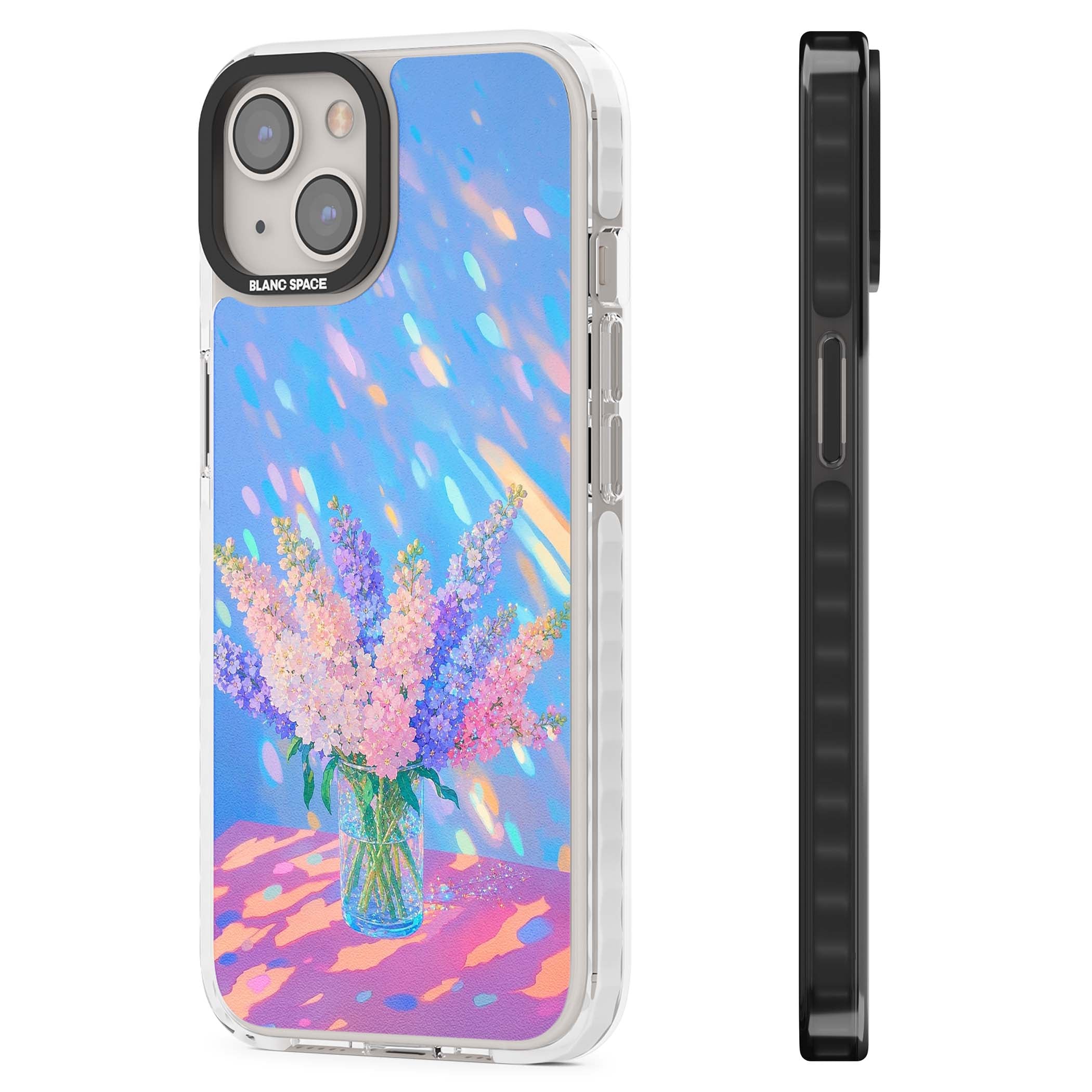 Bubblegum Flowers floral iPhone case featuring pastel lilac and pink bouquet in a glass vase with iridescent light | Impact Magsafe case for iPhone 13, iPhone 14, iPhone 15
