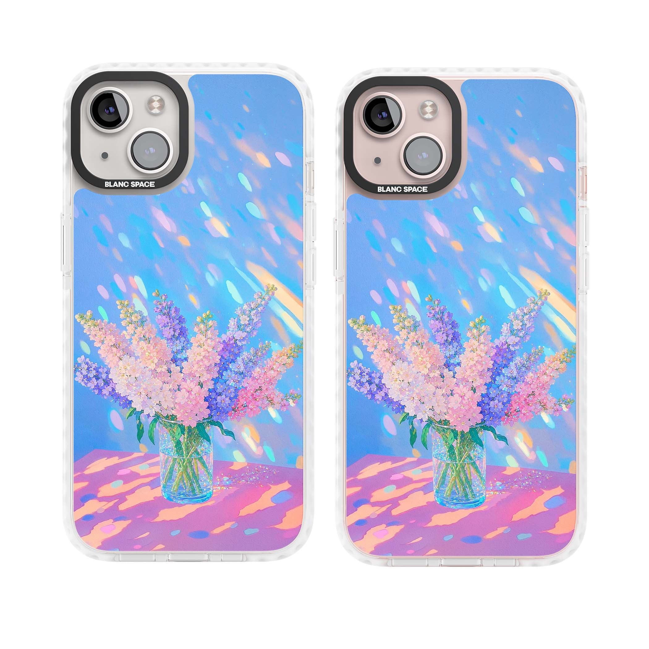 Bubblegum Flowers floral iPhone case featuring pastel lilac and pink bouquet in a glass vase with iridescent light | Impact Magsafe case for iPhone 13, iPhone 14, iPhone 15