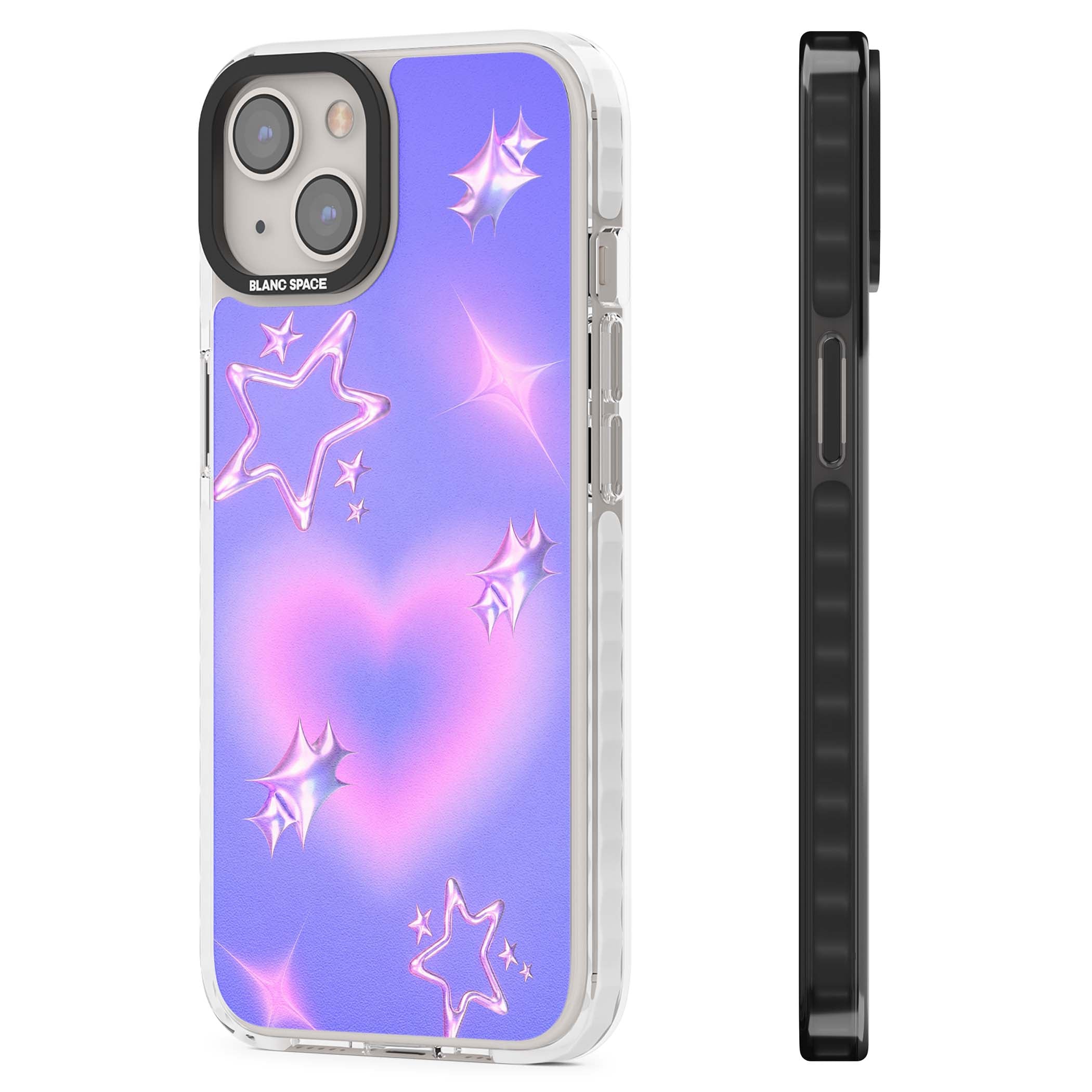 Soft Sugar Y2K iPhone case featuring iridescent chrome hearts, metallic pink stars and a lavender gradient sky | Impact Magsafe case for iPhone 13, iPhone 14, iPhone 15