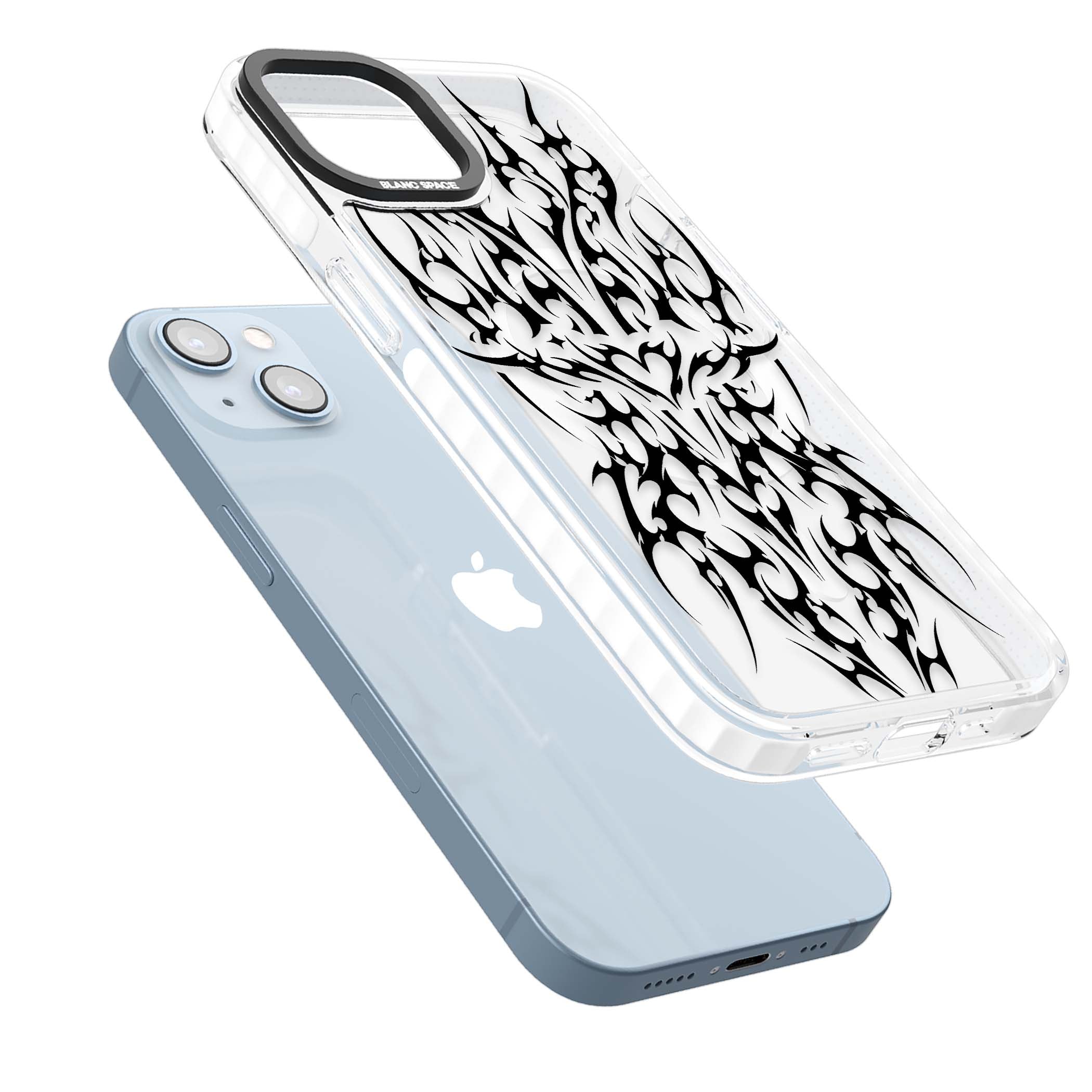 Neo Tribal Heart gothic iPhone case featuring symmetrical black tribal tattoo art with sharp thorn-like linework | Impact Magsafe case for iPhone 13, iPhone 14, iPhone 15