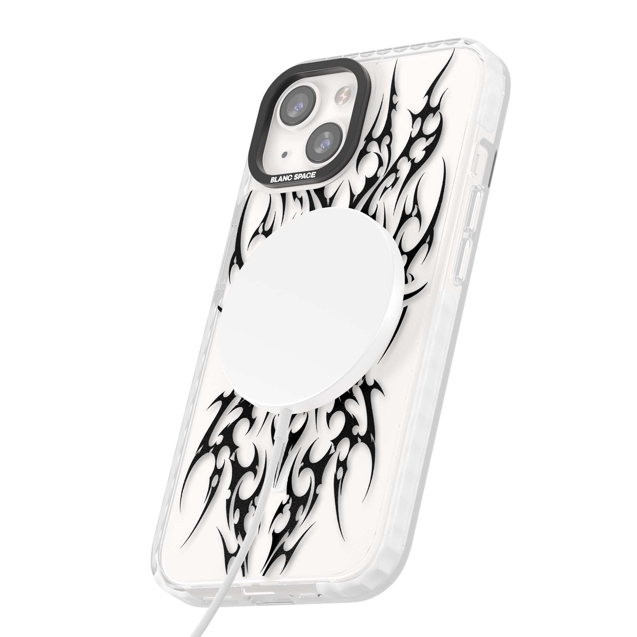 Neo Tribal Heart gothic iPhone case featuring symmetrical black tribal tattoo art with sharp thorn-like linework | Impact Magsafe case for iPhone 13, iPhone 14, iPhone 15