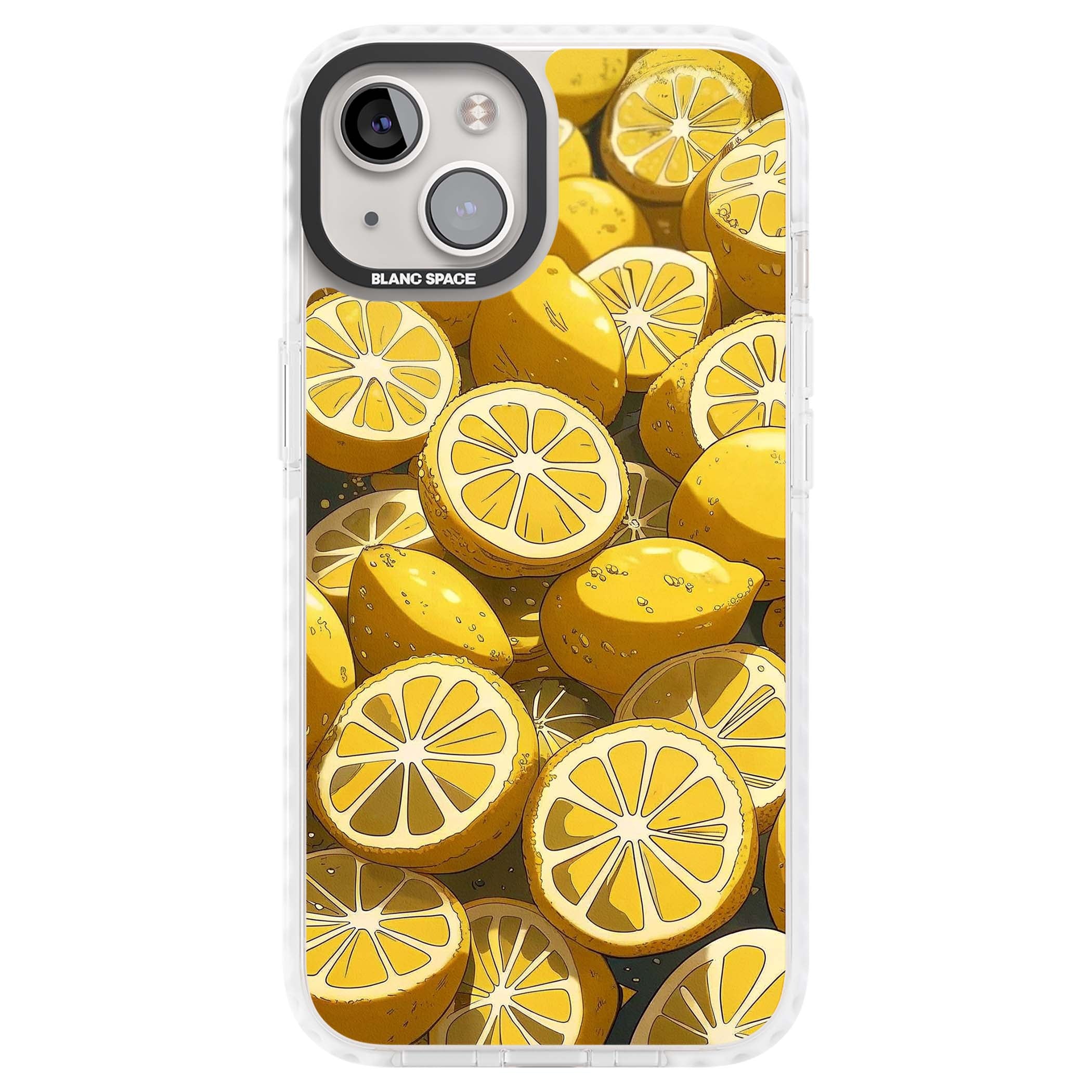 Zesty coastal iPhone case featuring illustrated Mediterranean lemons and citrus slices in golden yellow | Impact Magsafe case for iPhone 13, iPhone 14, iPhone 15