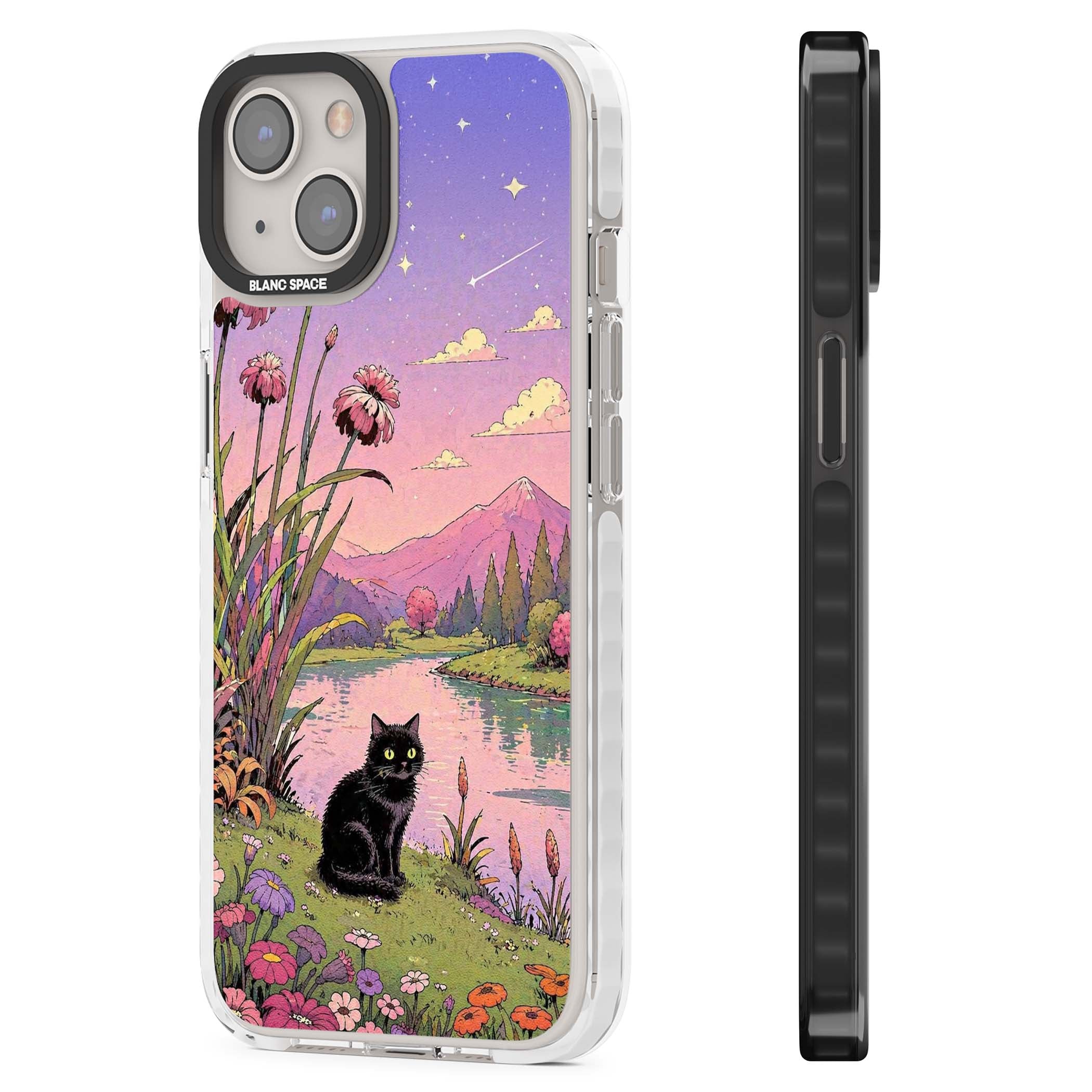 Mystic Whiskers ghibli iPhone case featuring a black cat by a pastel lake, wildflowers and a starry sunset sky | Clear Impact case for iPhone 13, iPhone 14, iPhone 15