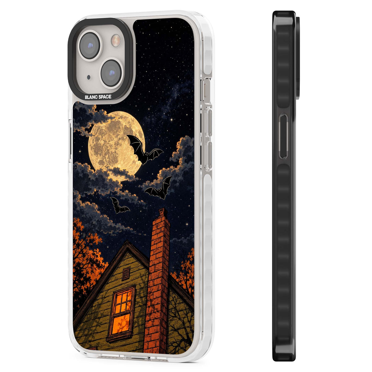 Hollows Eve Halloween iPhone case featuring a haunted house, full moon and flying bats against a starry autumn sky | Clear Impact case for iPhone 13, iPhone 14, iPhone 15