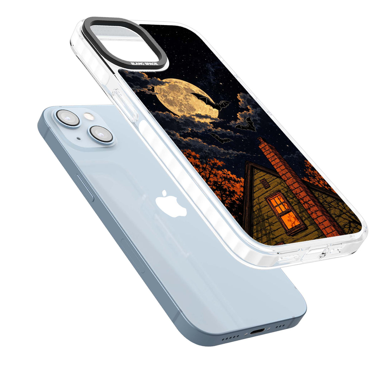 Hollows Eve Halloween iPhone case featuring a haunted house, full moon and flying bats against a starry autumn sky | Clear Impact case for iPhone 13, iPhone 14, iPhone 15