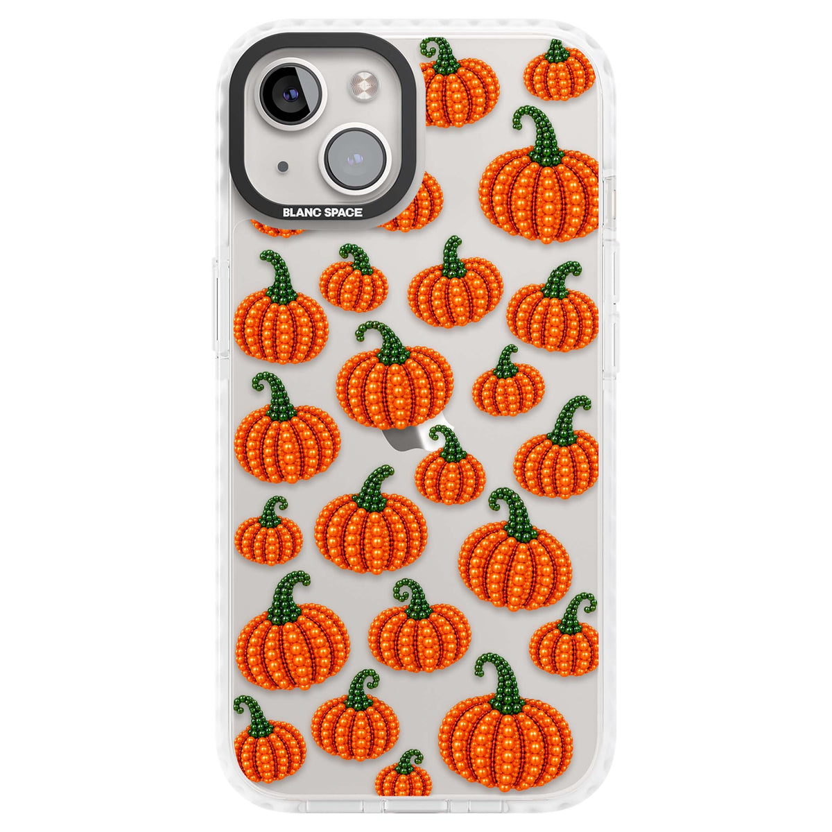 Beaded Pumpkins halloween iPhone case featuring beaded orange pumpkins with green stems on a clear background | Clear Impact case for iPhone 13, iPhone 14, iPhone 15