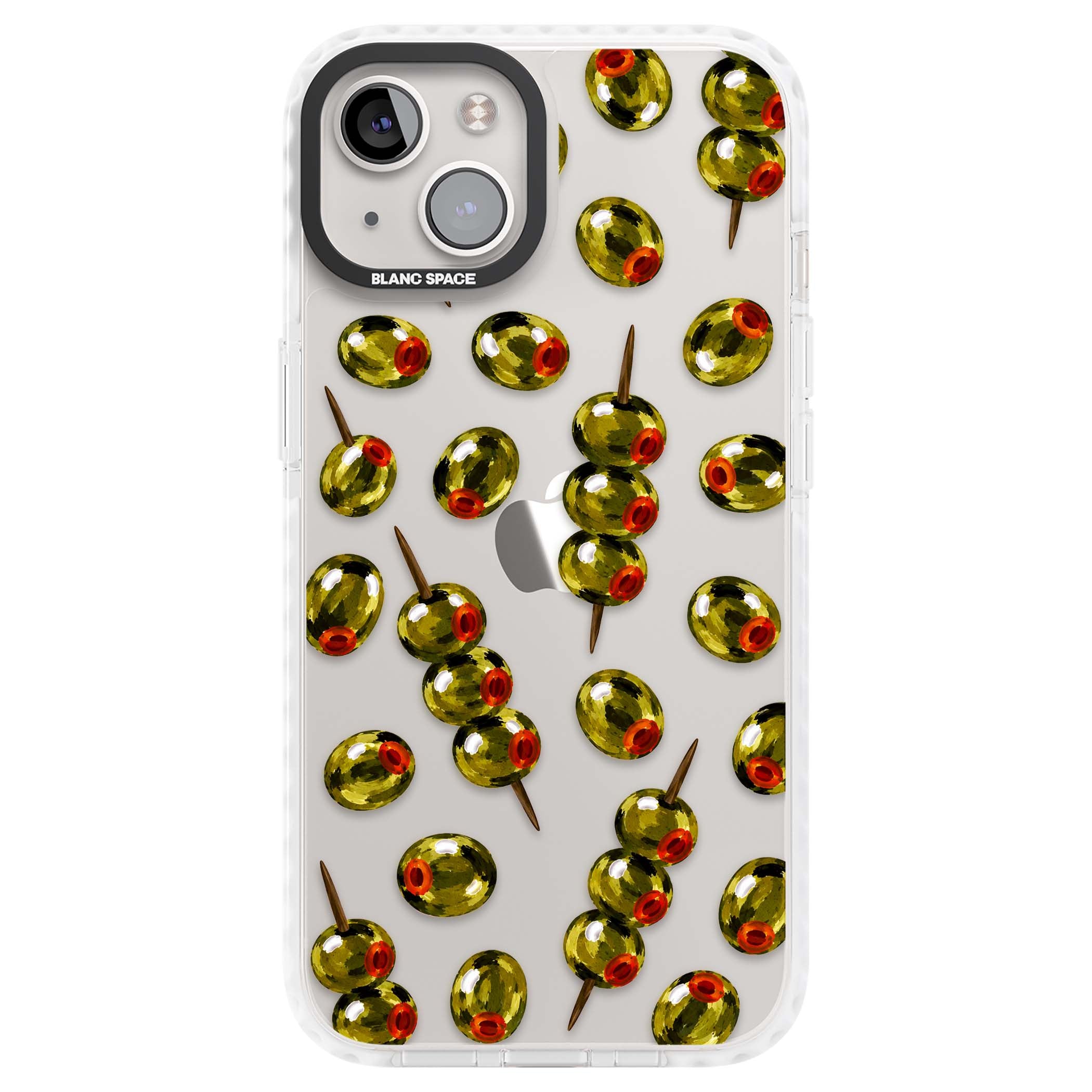 Painted Olives cocktail iPhone case featuring green olives, pimento centres and toothpick skewers on a clear background | Clear Impact case for iPhone 13, iPhone 14, iPhone 15
