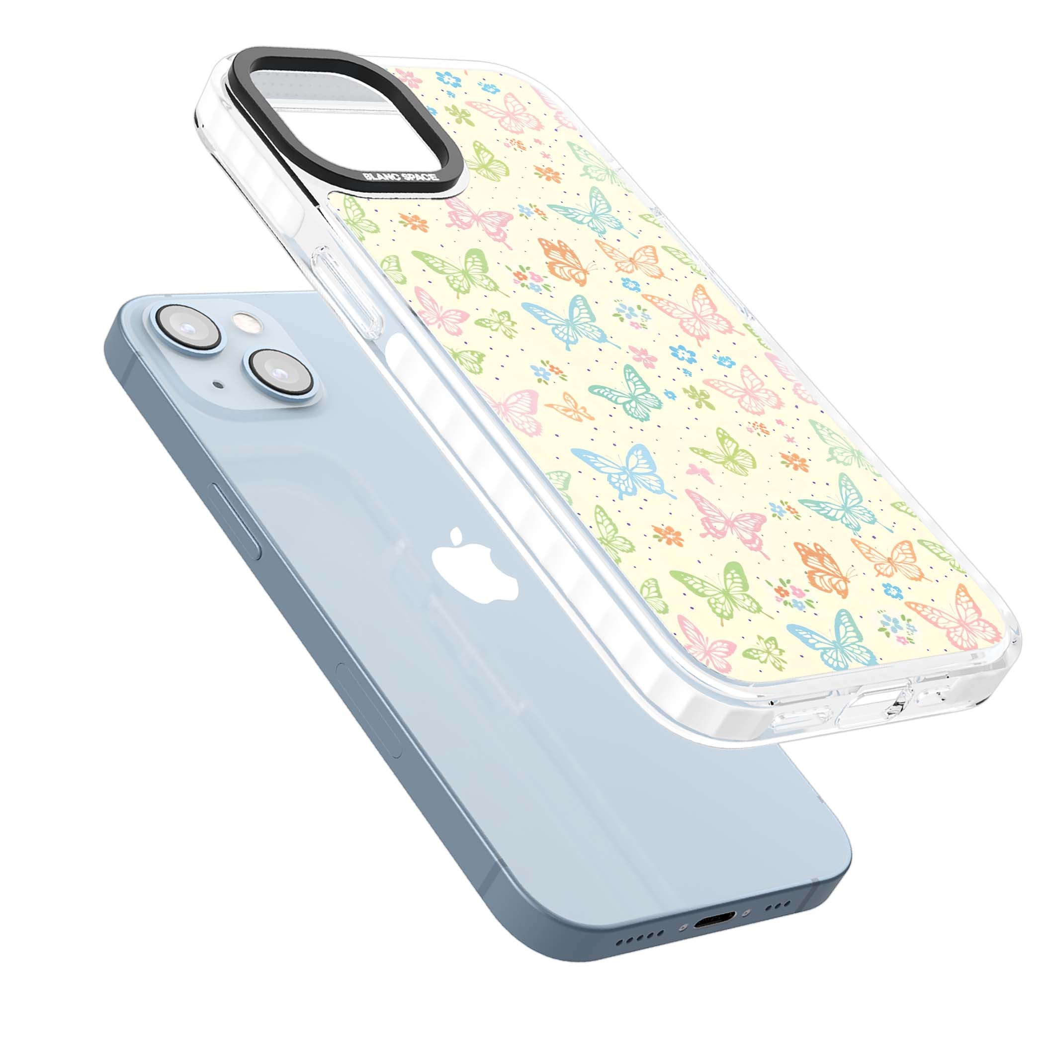 Sugar Wings cottagecore iPhone case featuring rainbow pastel butterflies, tiny wildflowers, and a cream background | Clear Impact case for iPhone 13, iPhone 14, iPhone 15
