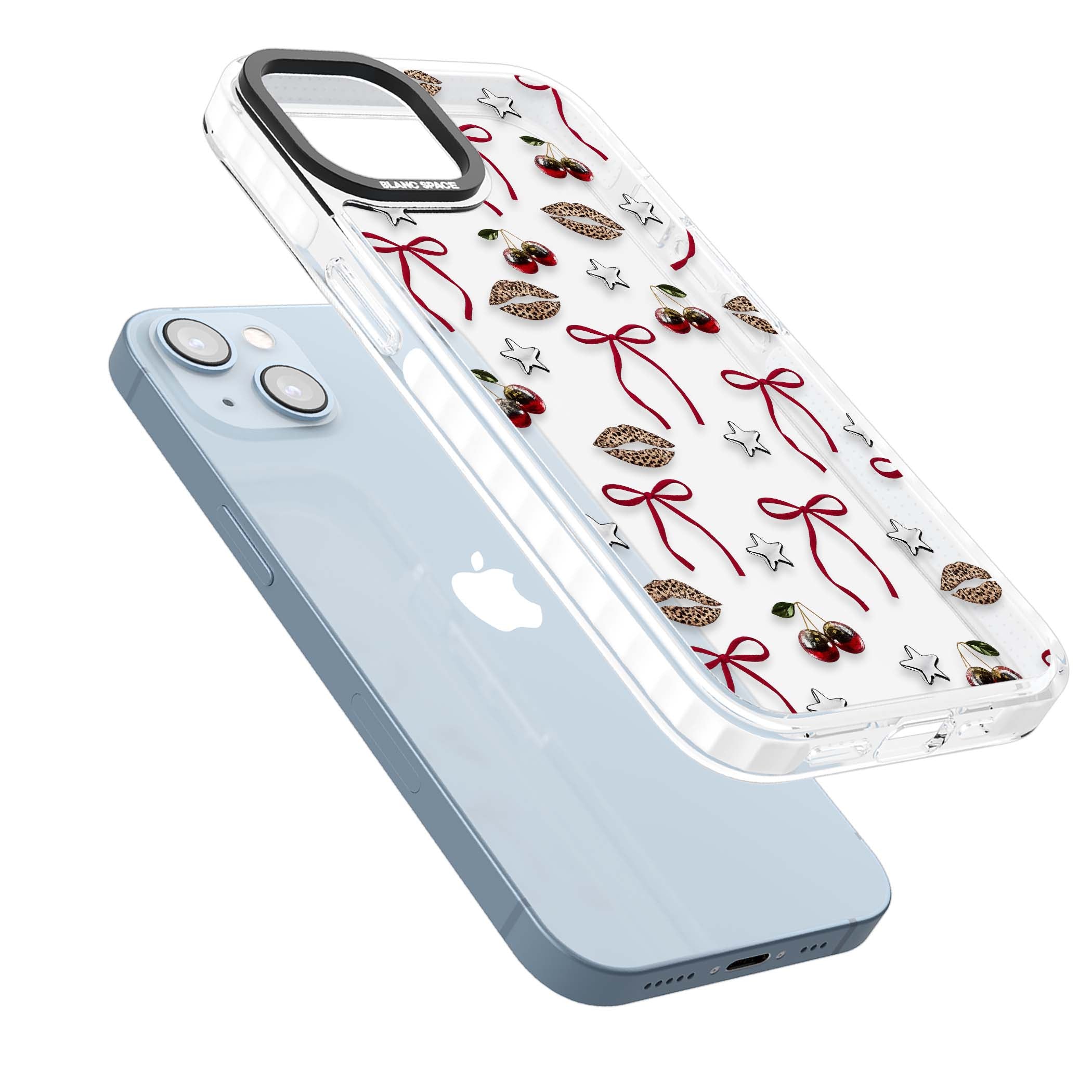 Starlet coquette iPhone case featuring red ribbon bows, disco cherries and leopard-print lips | Clear Impact case for iPhone 13, iPhone 14, iPhone 15