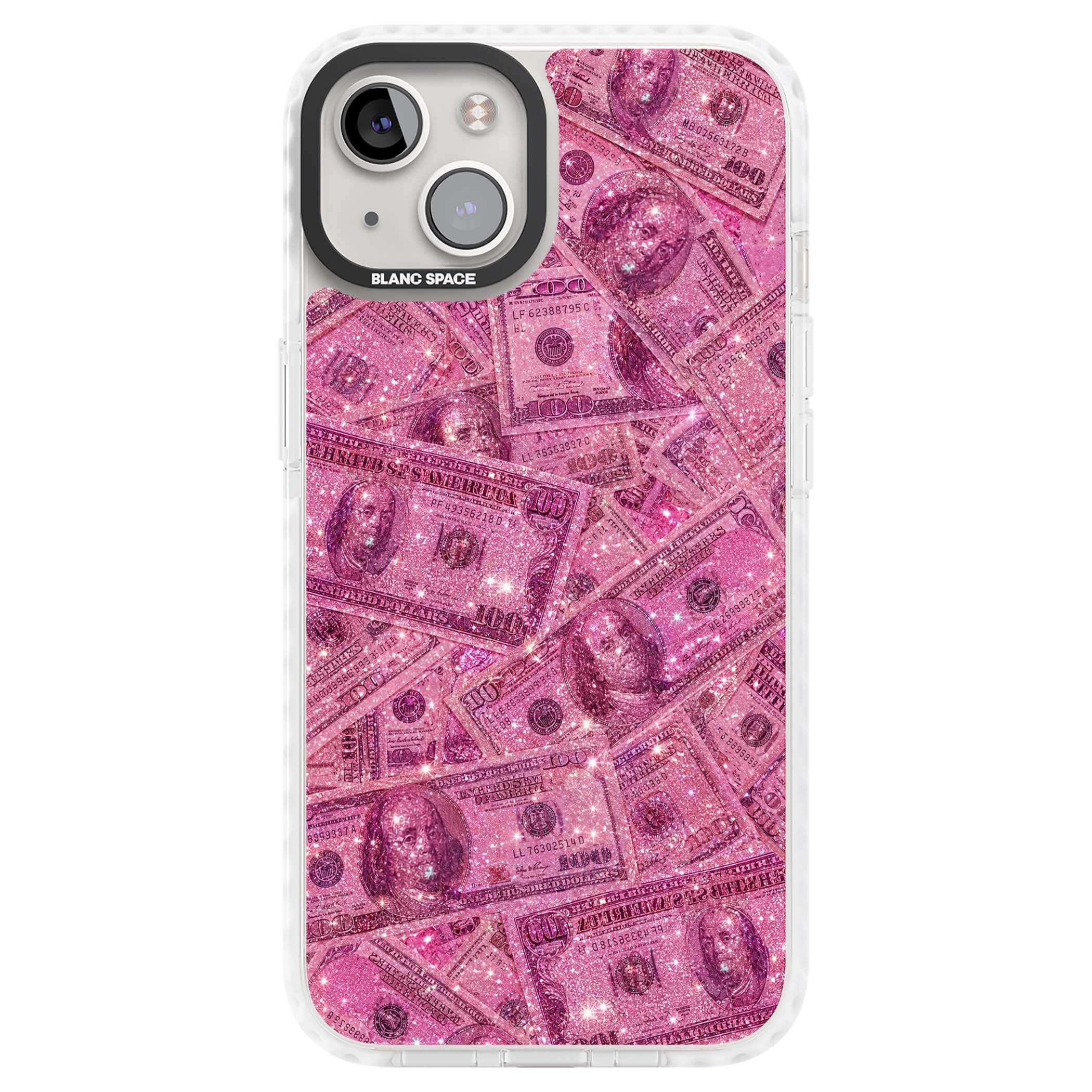 Glamorous baddie iPhone case featuring pink glitter hundred dollar bills and sparkling money wallpaper design | Clear Impact case for iPhone 13, iPhone 14, iPhone 15