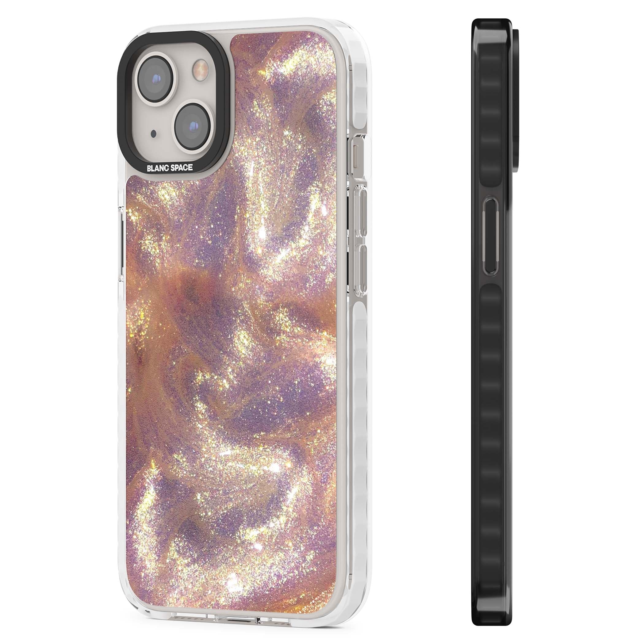 Shimmer marble iPhone case featuring rose gold glitter swirls, lilac shimmer and iridescent pearl finish | Clear Impact case for iPhone 13, iPhone 14, iPhone 15