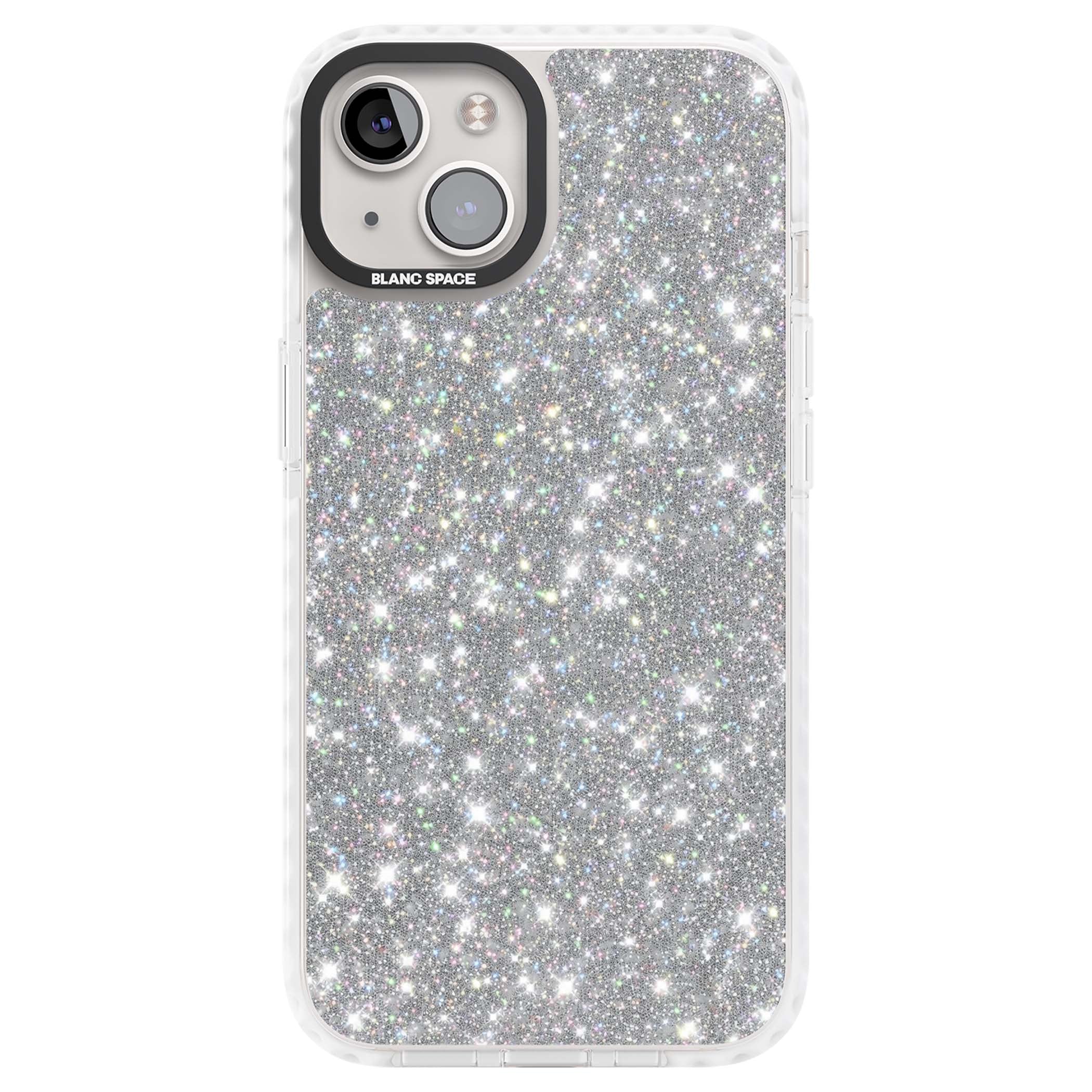 Diamond glam iPhone case featuring silver glitter sparkle and shimmering diamond dust effect | Clear Impact case for iPhone 13, iPhone 14, iPhone 15