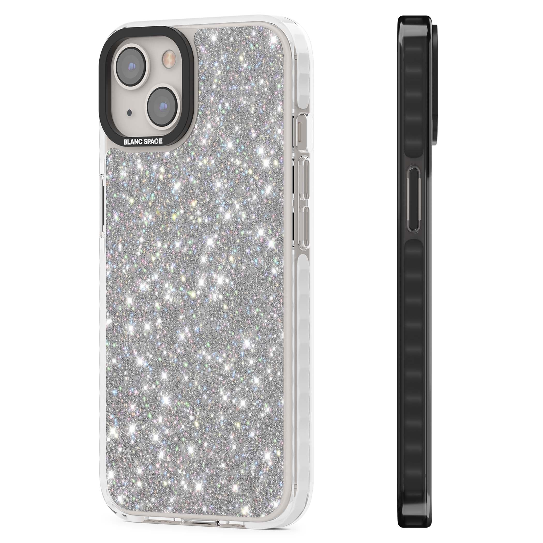 Diamond glam iPhone case featuring silver glitter sparkle and shimmering diamond dust effect | Clear Impact case for iPhone 13, iPhone 14, iPhone 15