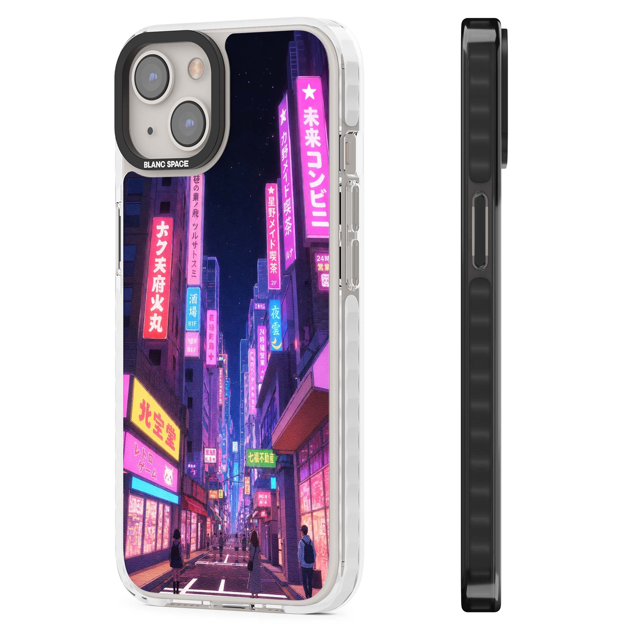 Shibuya At Night Japanese neon city iPhone case featuring glowing kanji signs, pink storefronts and a Tokyo street at n | Clear Impact case for iPhone 13, iPhone 14, iPhone 15