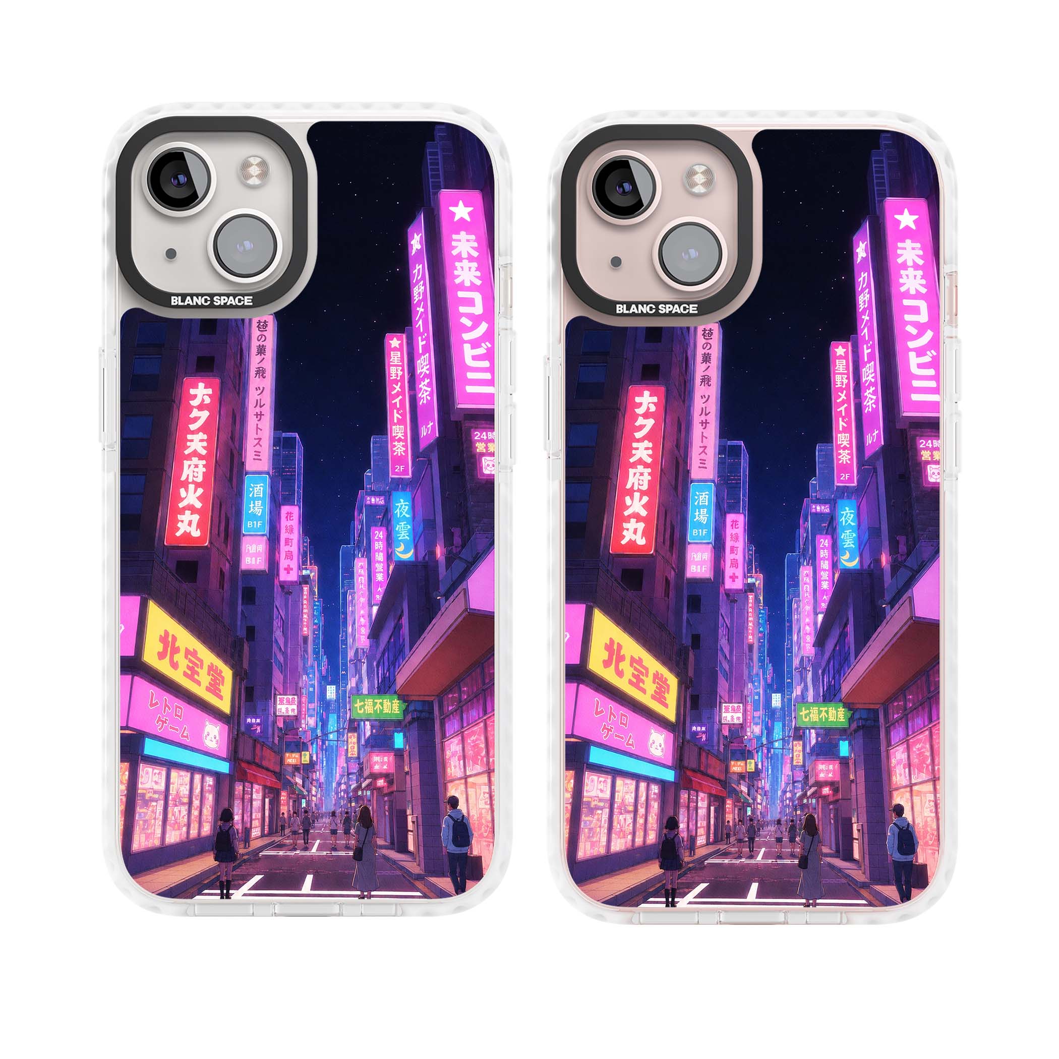 Shibuya At Night Japanese neon city iPhone case featuring glowing kanji signs, pink storefronts and a Tokyo street at n | Clear Impact case for iPhone 13, iPhone 14, iPhone 15