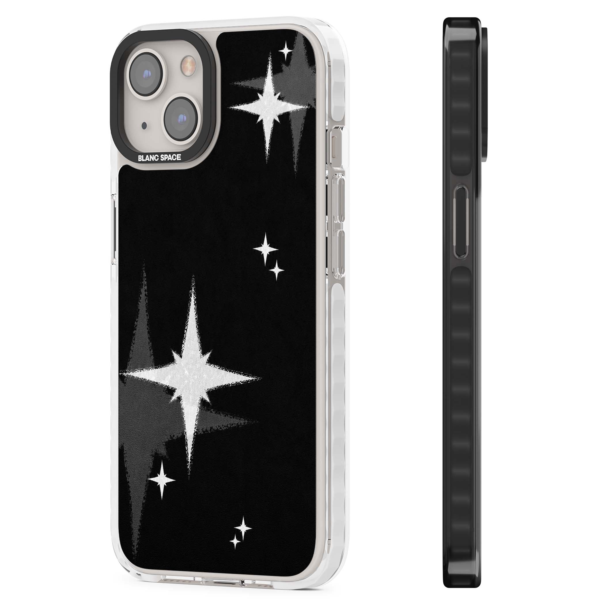 Black Sparkle celestial iPhone case featuring white sparkle stars on a black night sky background | Clear Impact case for iPhone 13, iPhone 14, iPhone 15