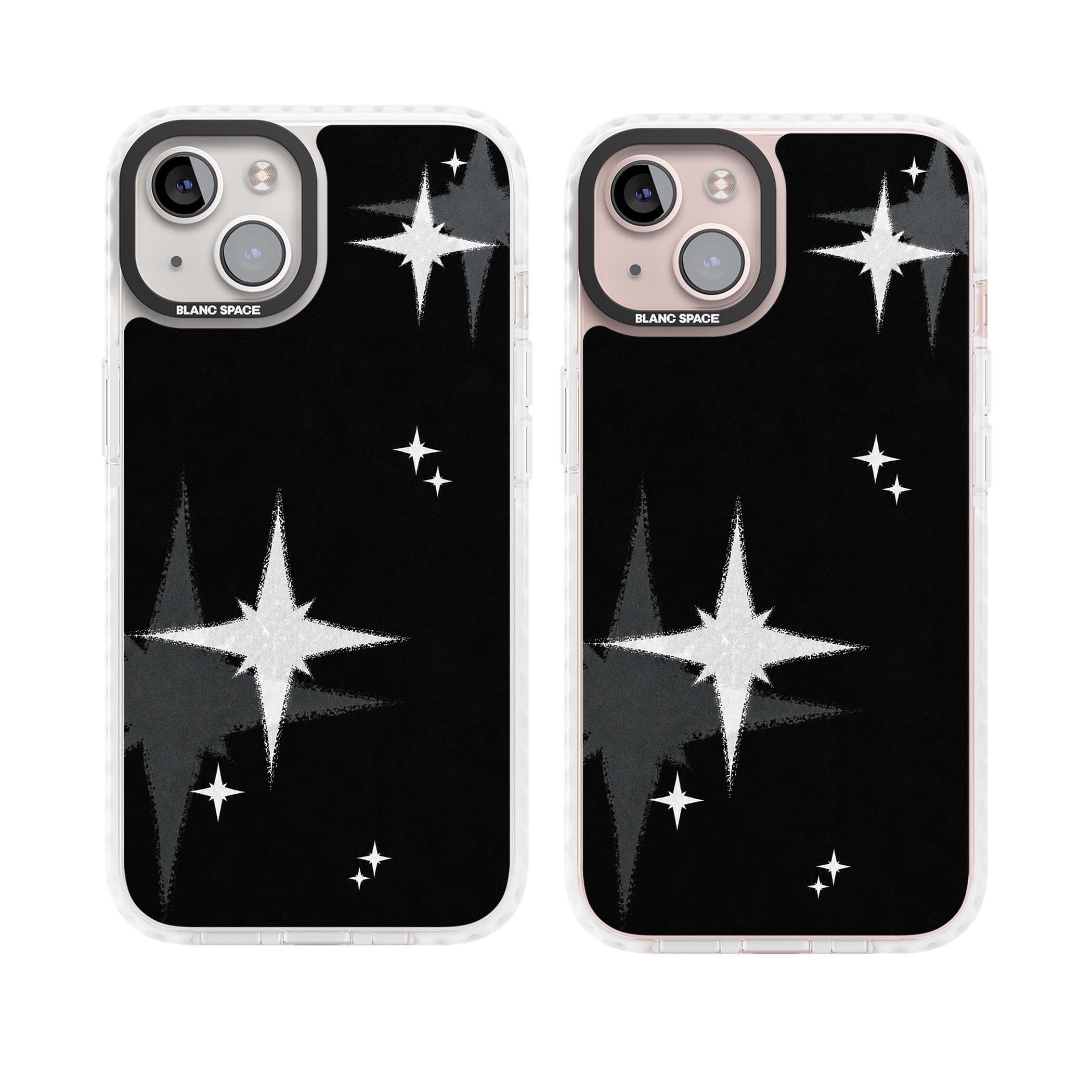 Black Sparkle celestial iPhone case featuring white sparkle stars on a black night sky background | Clear Impact case for iPhone 13, iPhone 14, iPhone 15