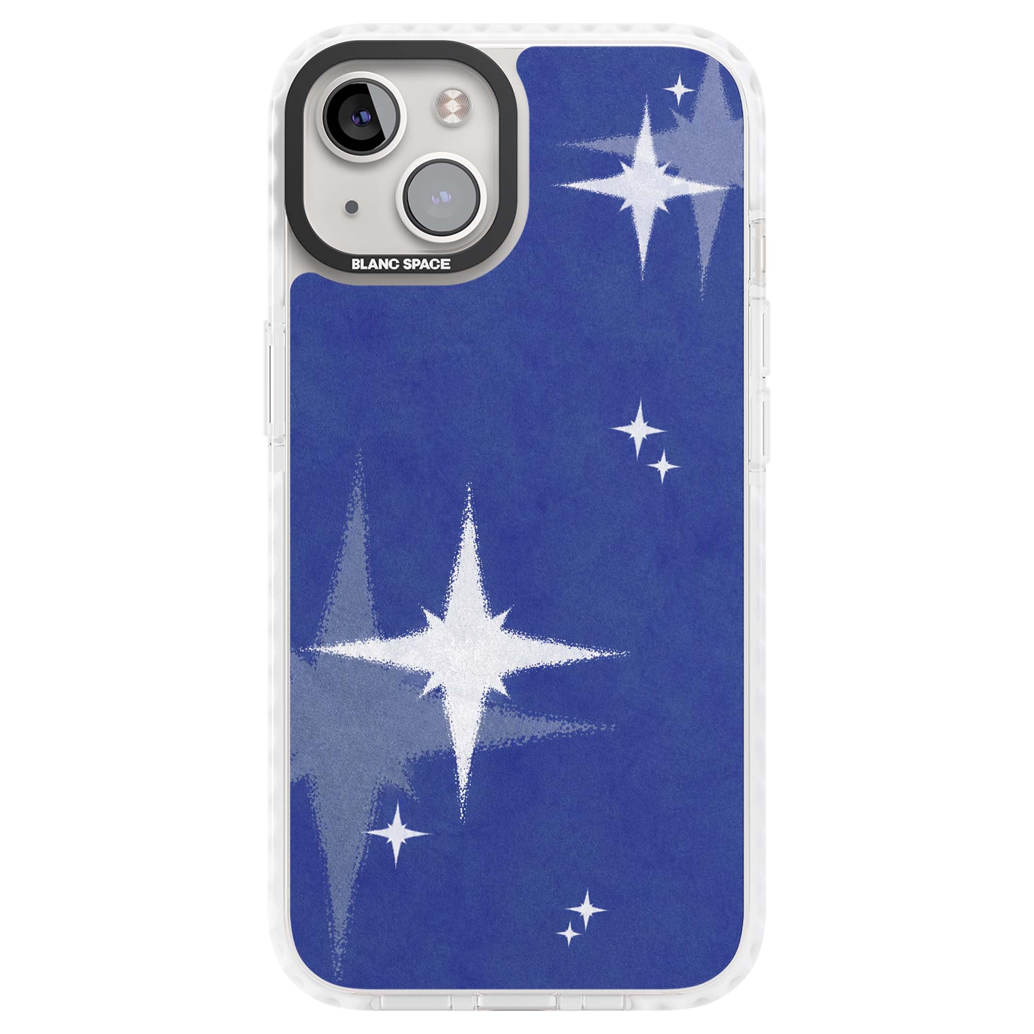 Blue Sparkle celestial iPhone case featuring sparkling silver stars on a deep blue painterly night sky | Clear Impact case for iPhone 13, iPhone 14, iPhone 15