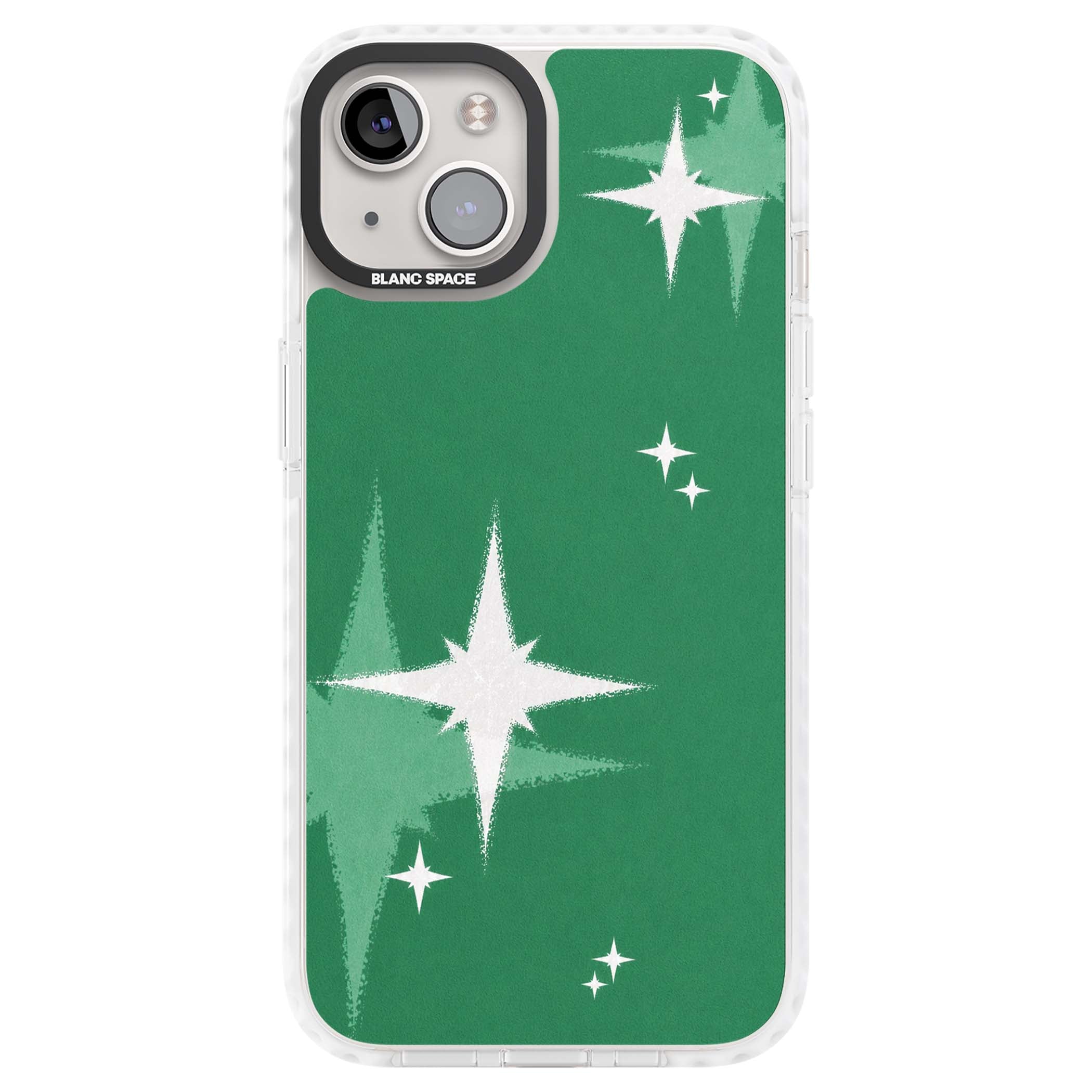 Green Sparkle celestial iPhone case featuring sparkling white four-point stars on a deep green background | Clear Impact case for iPhone 13, iPhone 14, iPhone 15