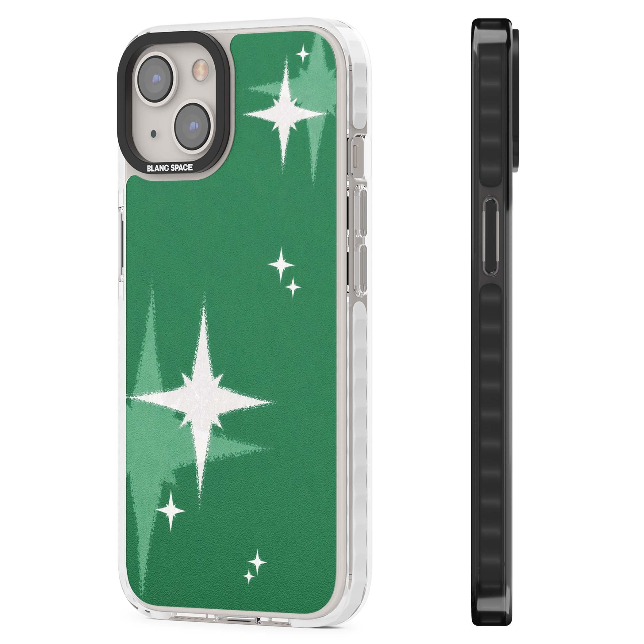 Green Sparkle celestial iPhone case featuring sparkling white four-point stars on a deep green background | Clear Impact case for iPhone 13, iPhone 14, iPhone 15