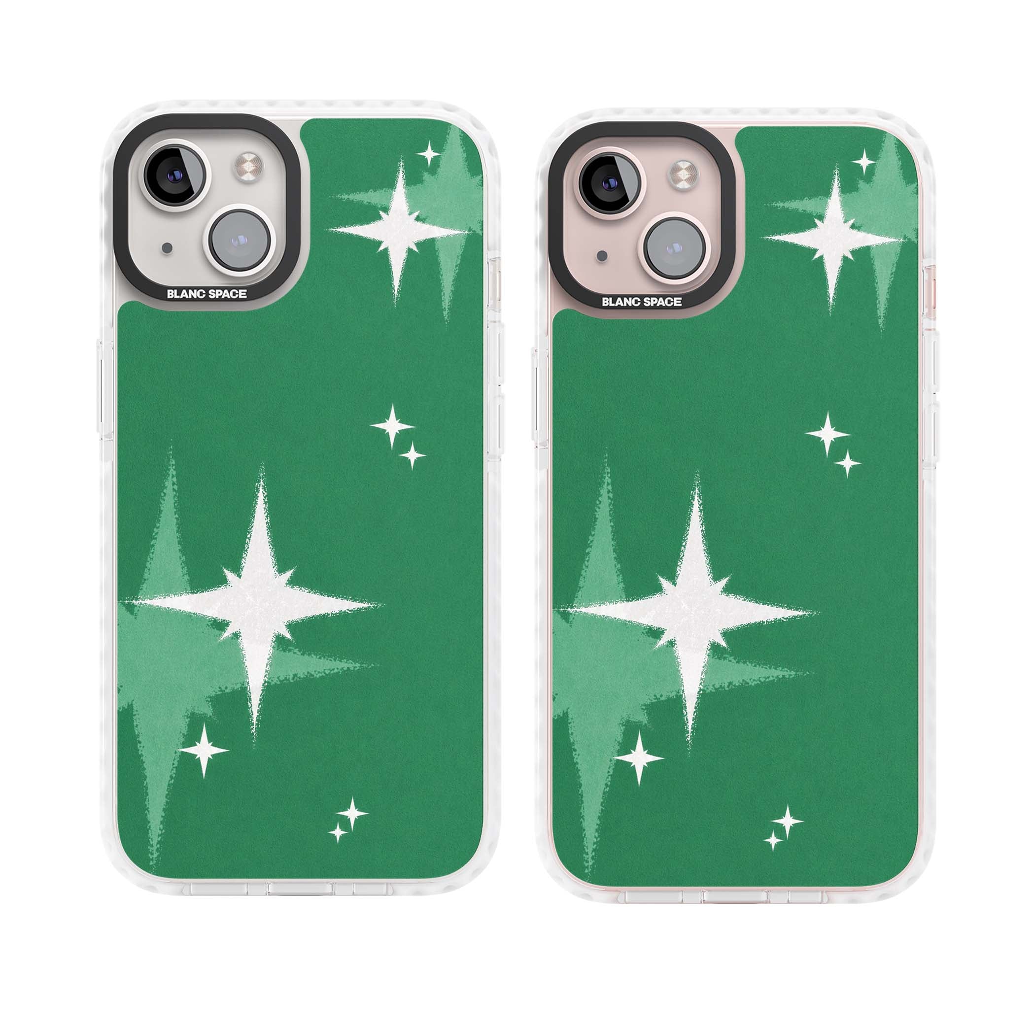 Green Sparkle celestial iPhone case featuring sparkling white four-point stars on a deep green background | Clear Impact case for iPhone 13, iPhone 14, iPhone 15