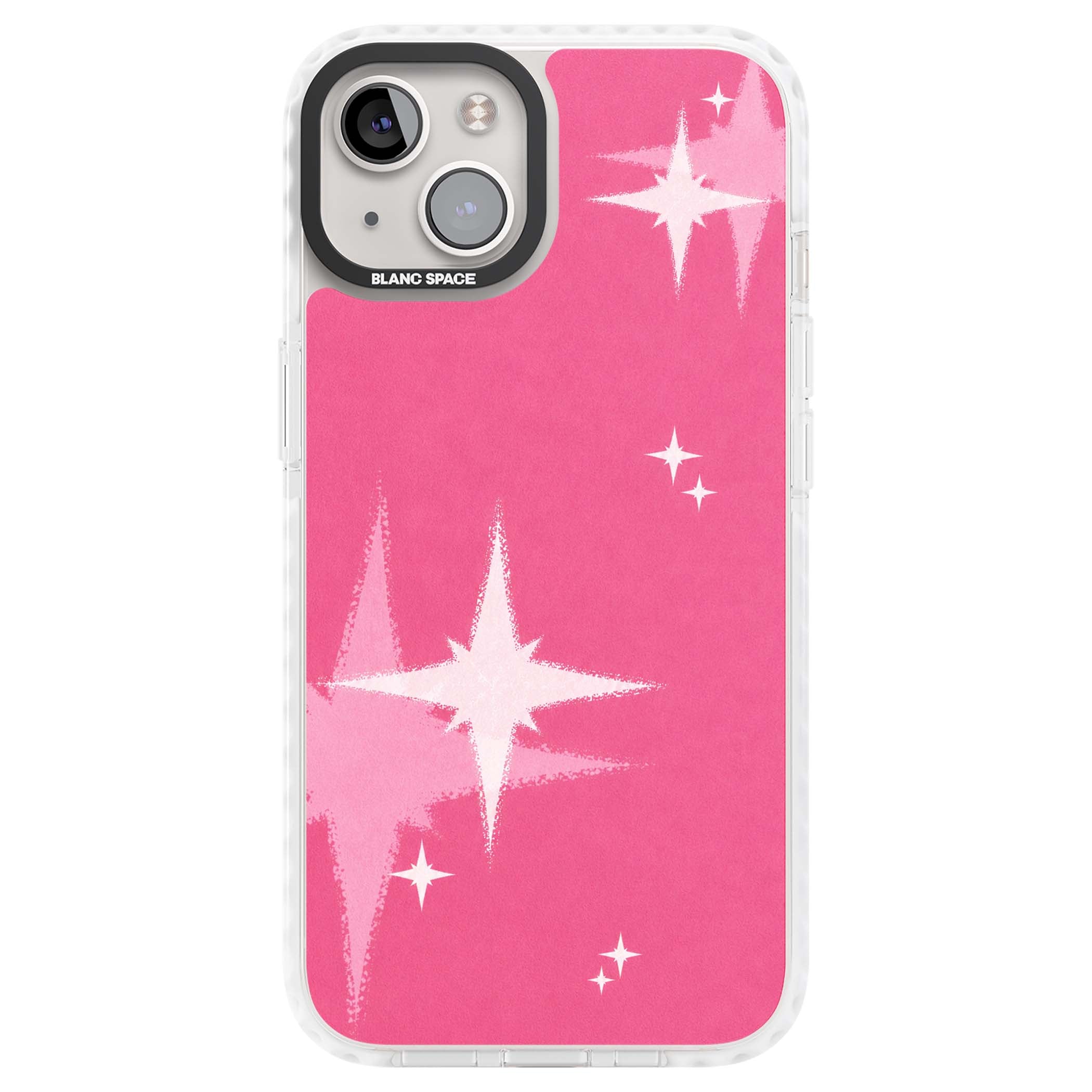 Pink Sparkle Y2K iPhone case featuring hot pink background with shimmering white starburst pattern | Clear Impact case for iPhone 13, iPhone 14, iPhone 15