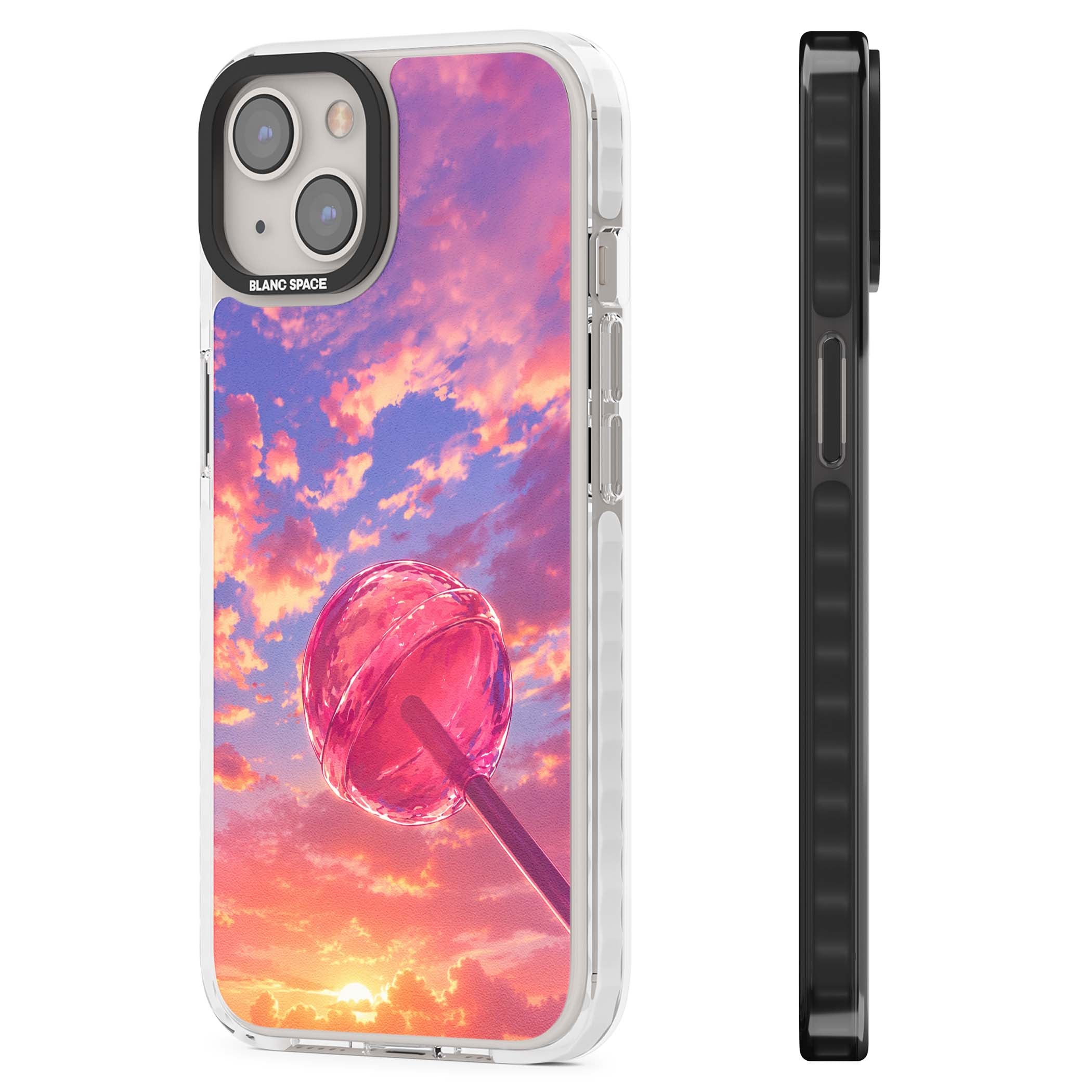 Sugar Sunset candy aesthetic iPhone case featuring a pink lollipop, pastel sunset sky and dreamy clouds | Clear Impact case for iPhone 13, iPhone 14, iPhone 15